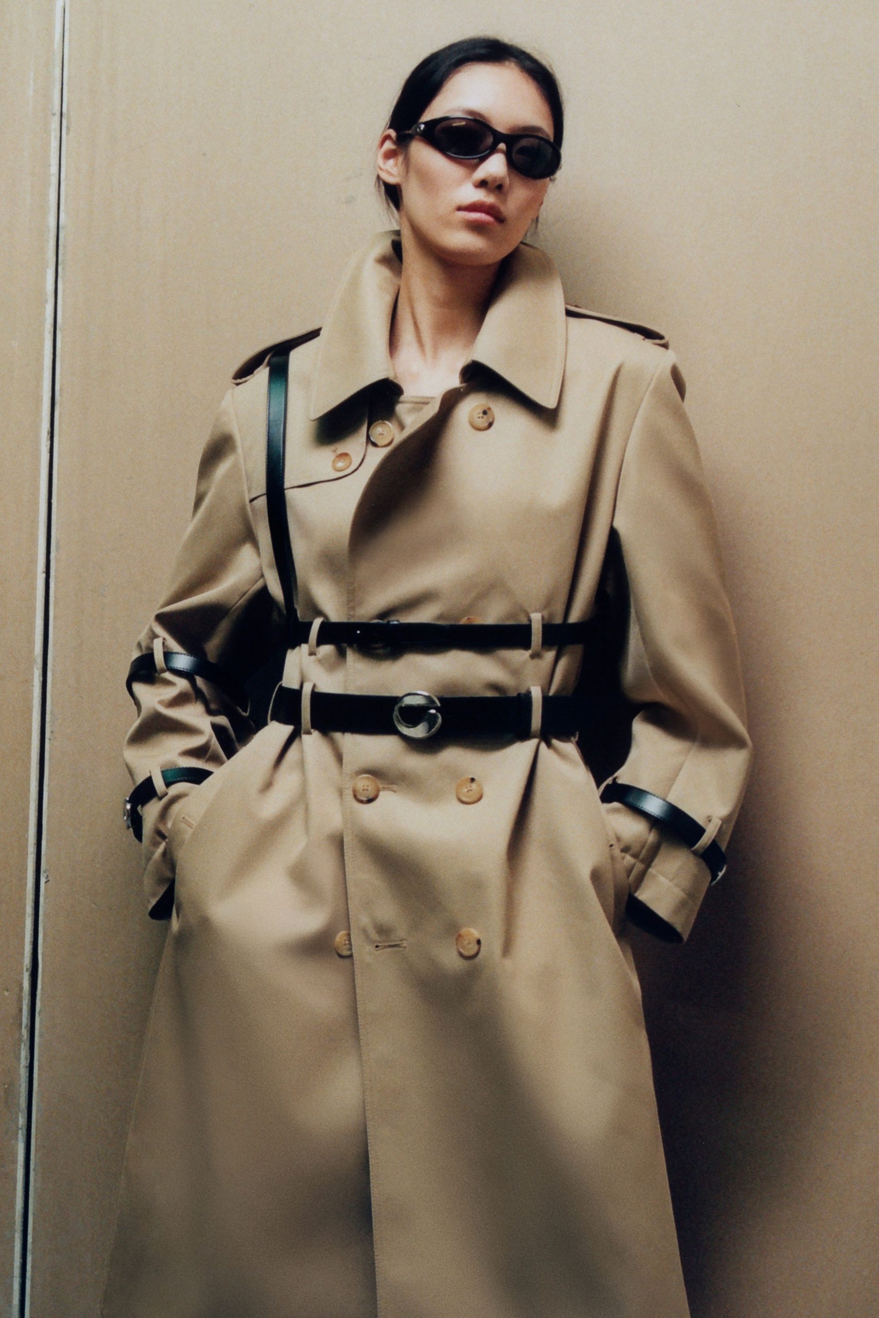 beige cotton long-sleeve collared relaxed belted trench