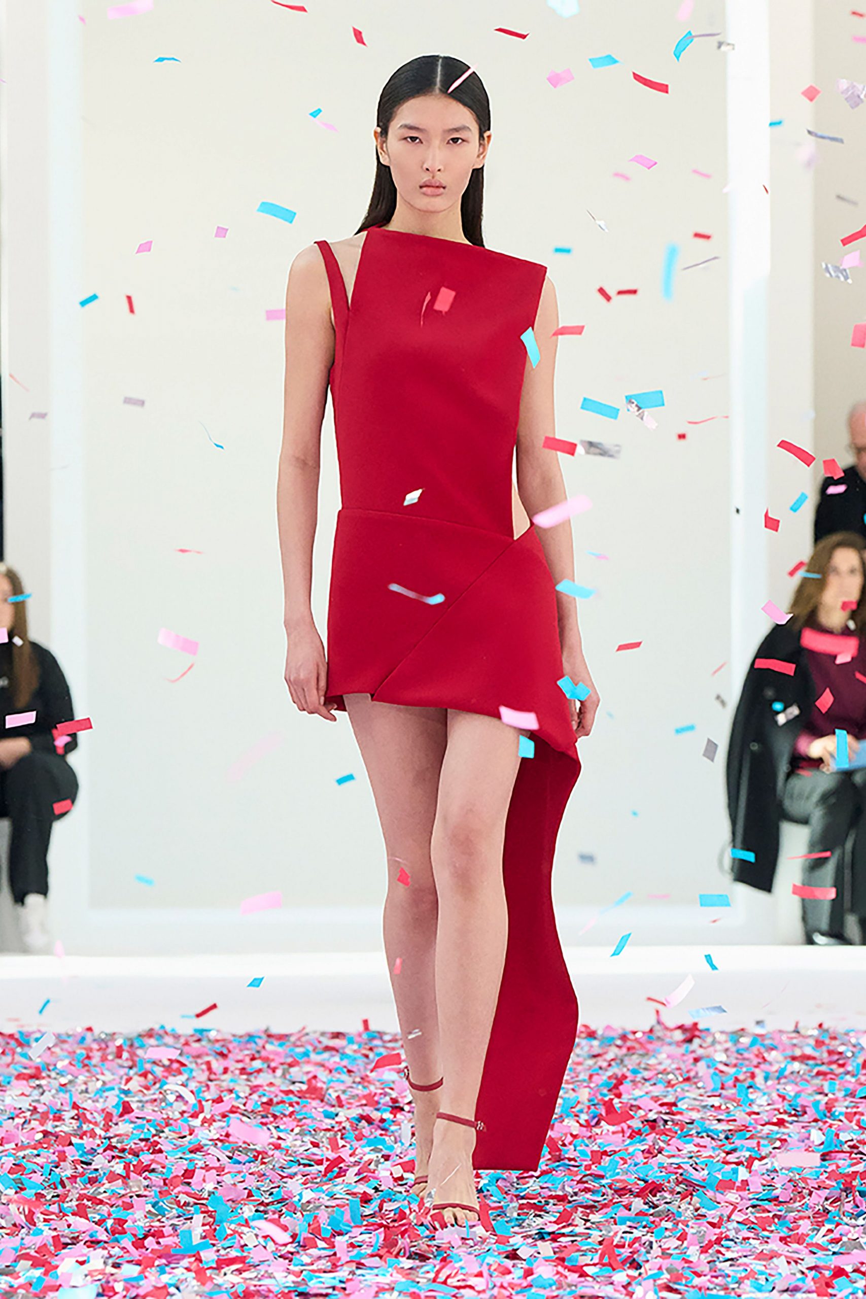 red sleeveless asymmetric fitted mini dress