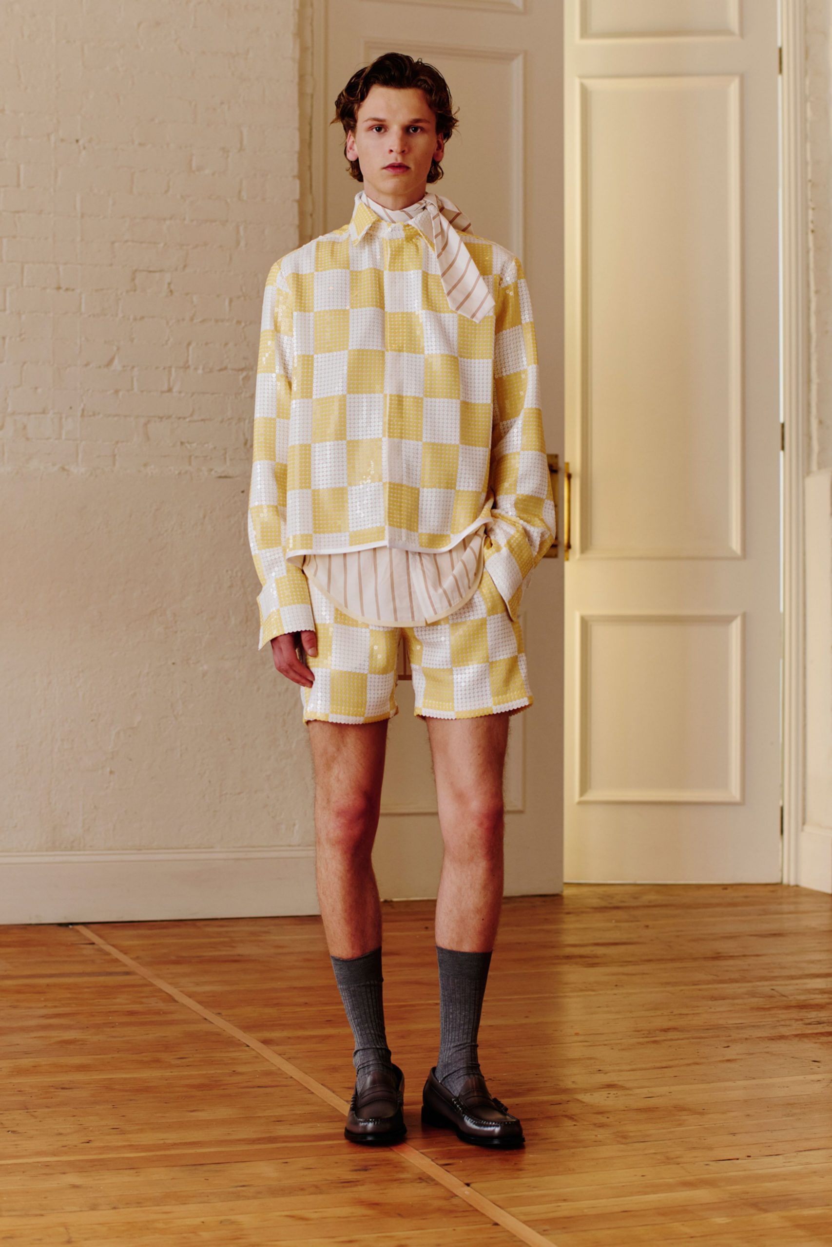 yellow cotton long-sleeve collared relaxed checked shirt