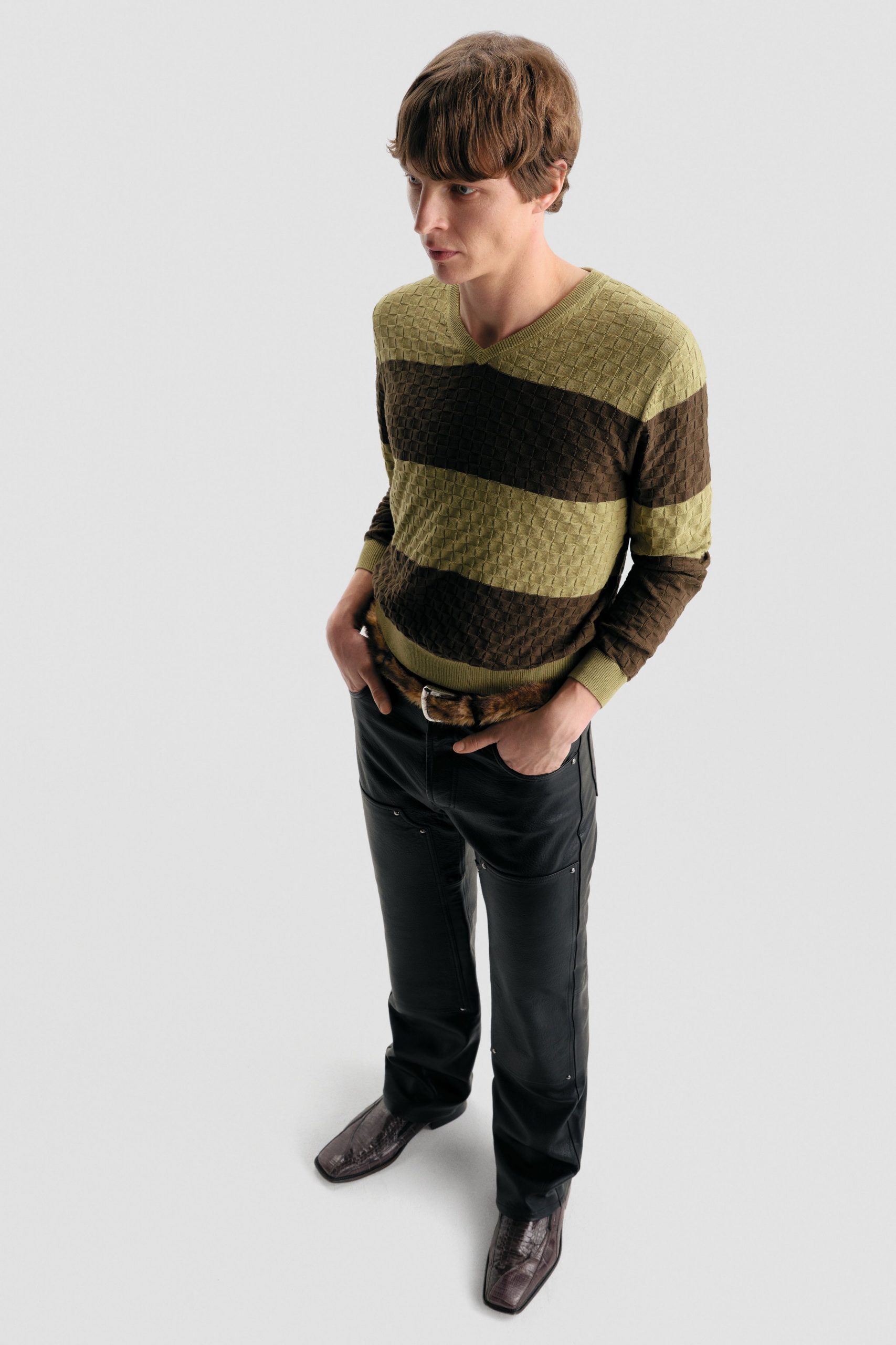 fitted striped top with leather pants