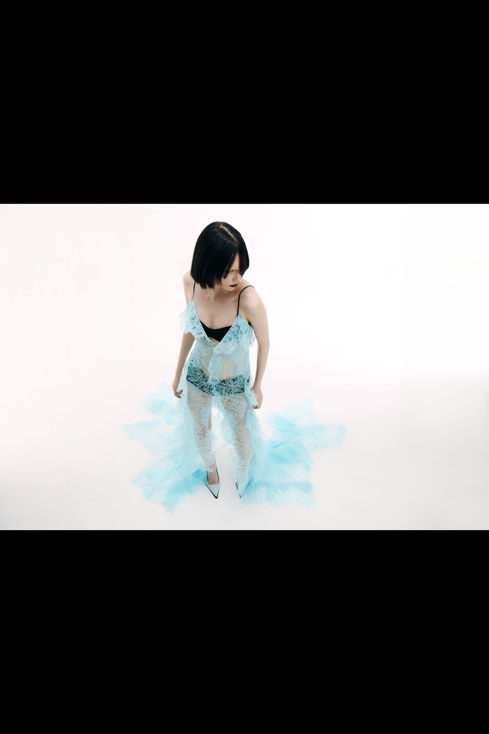 blue lace sleeveless v-neck fitted layered flared dress