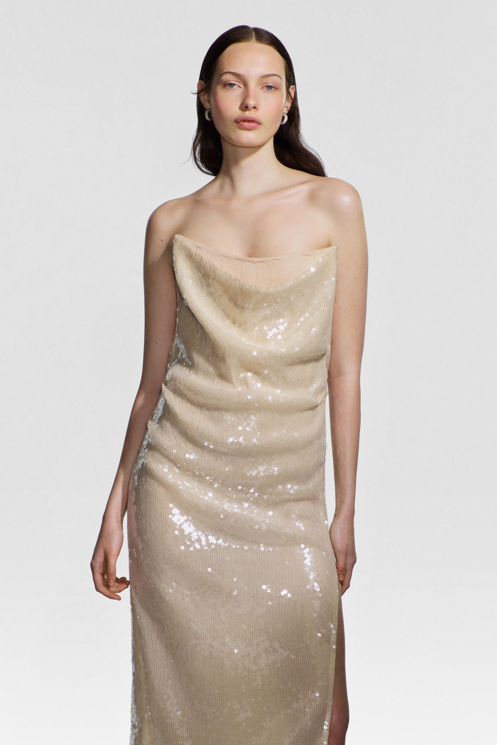 beige silk sequin gown