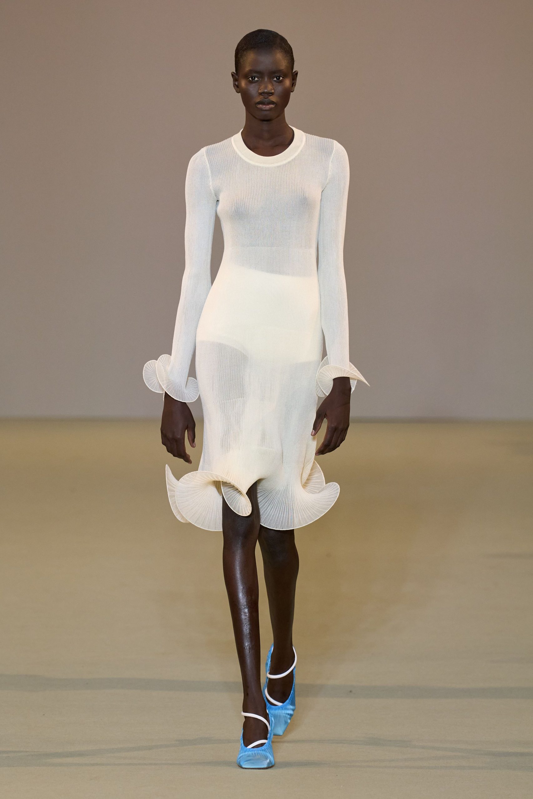 white mesh long-sleeve v-neck fitted pleated sheer dress