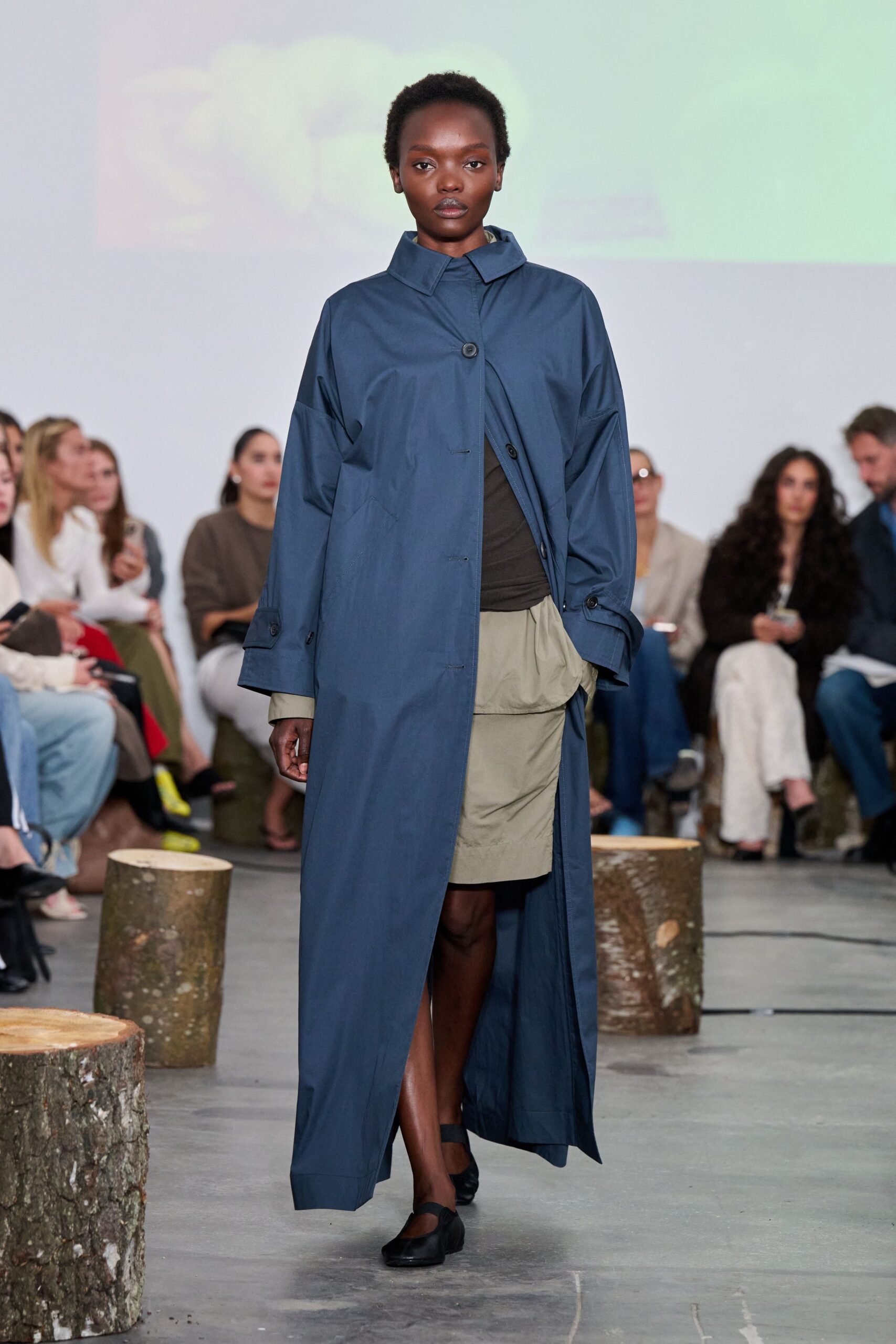 blue cotton long-sleeve collared relaxed buttoned maxi coat
