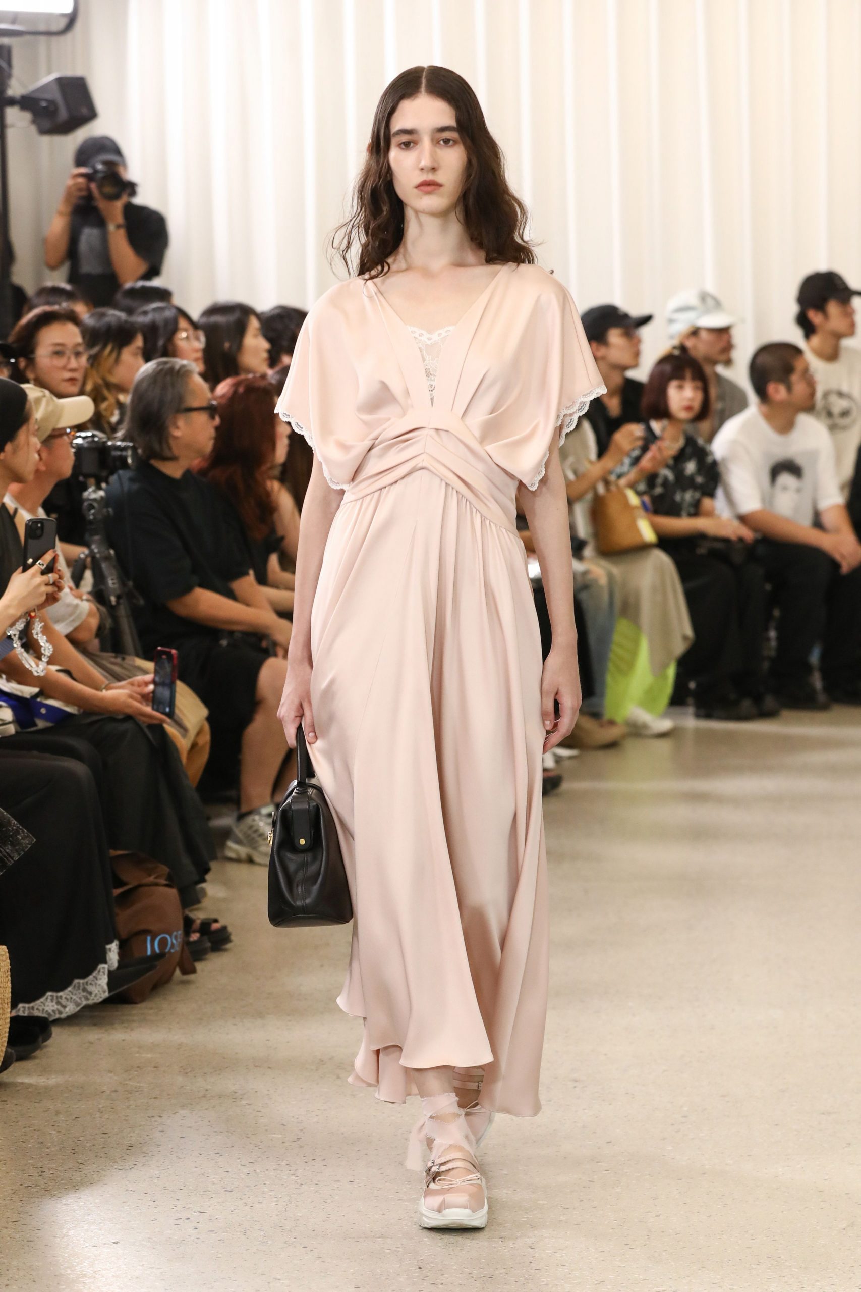 pink silk short-sleeve v-neck relaxed draped flowing dress