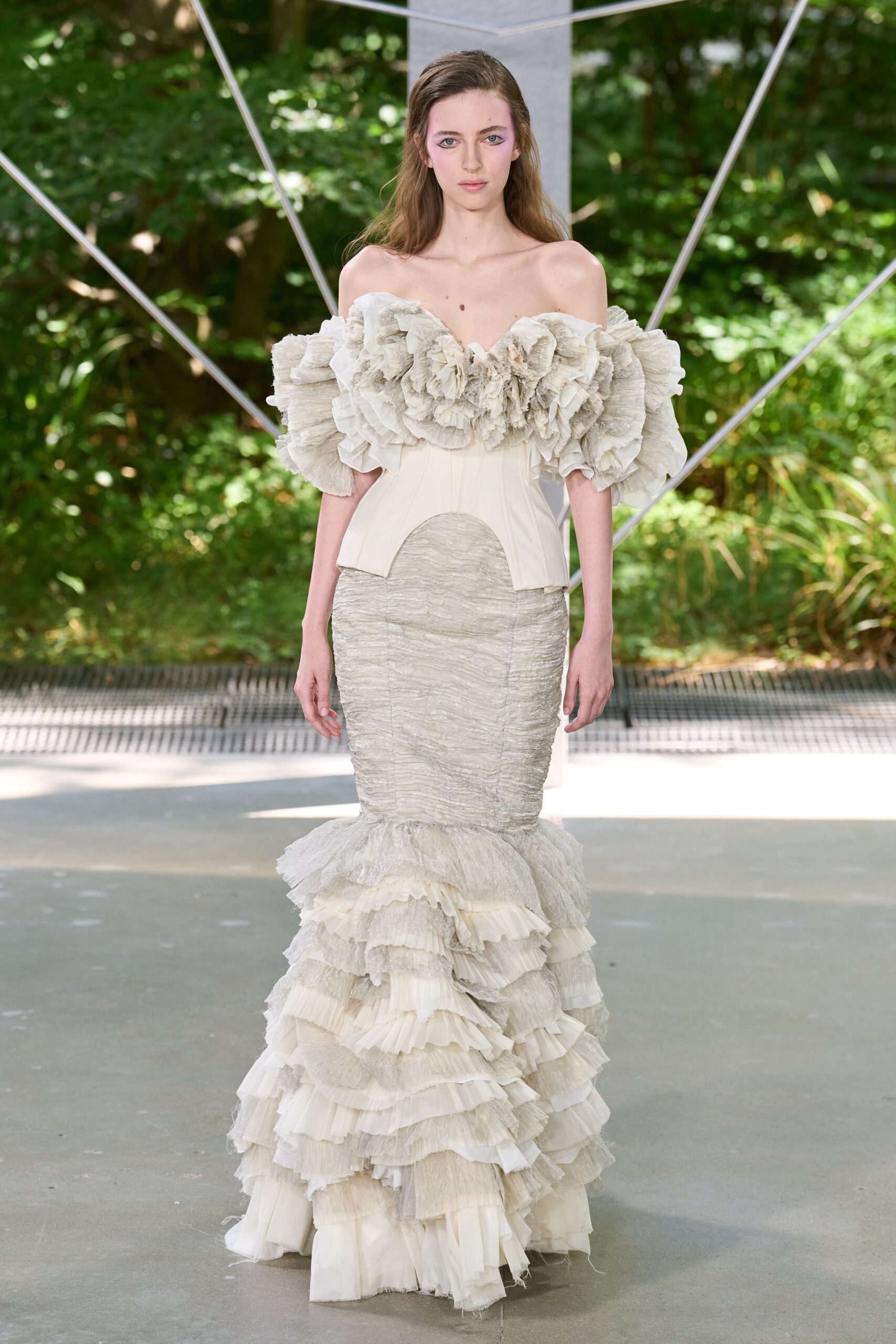 ivory silk off-shoulder gown