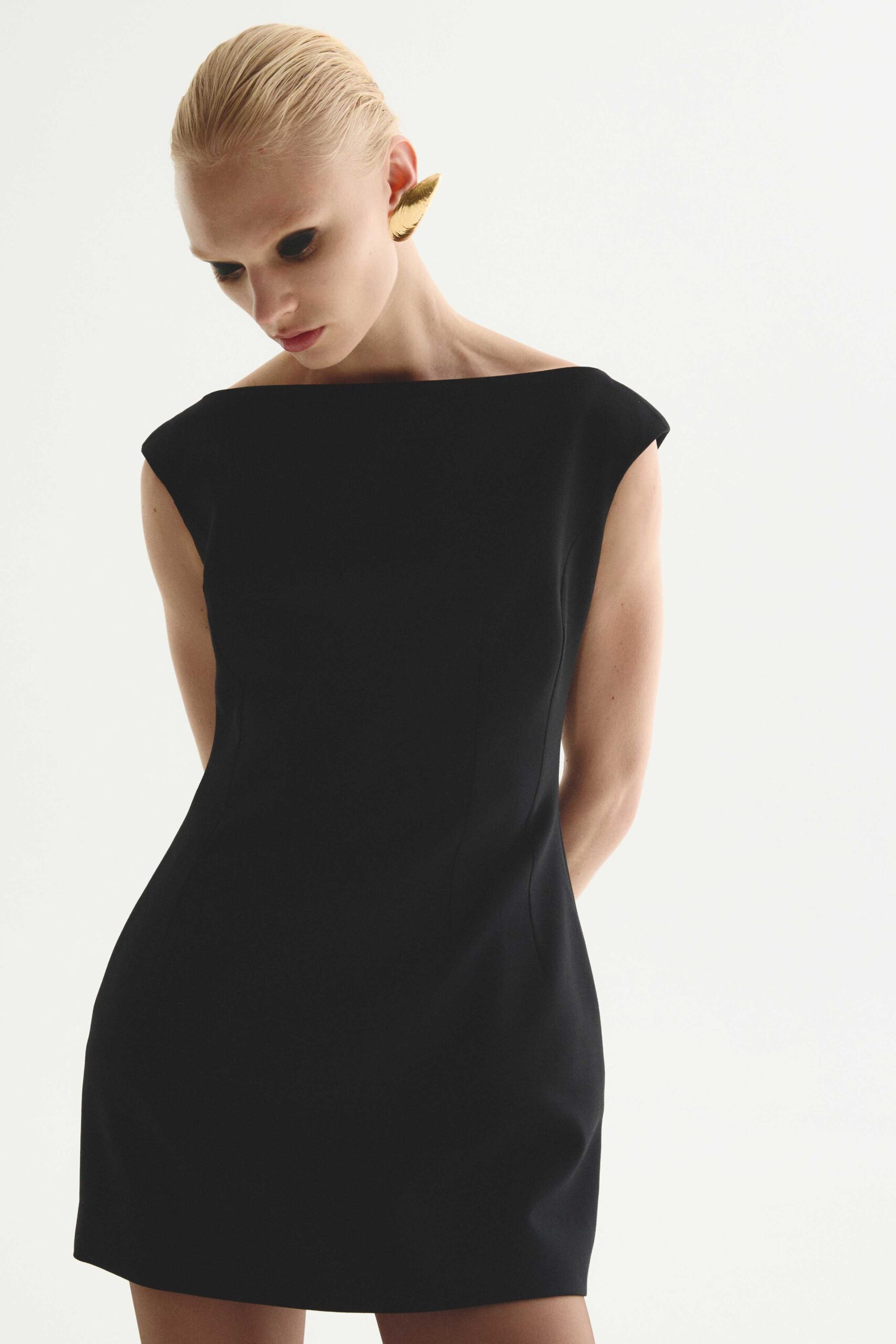 black fitted sleeveless mini dress