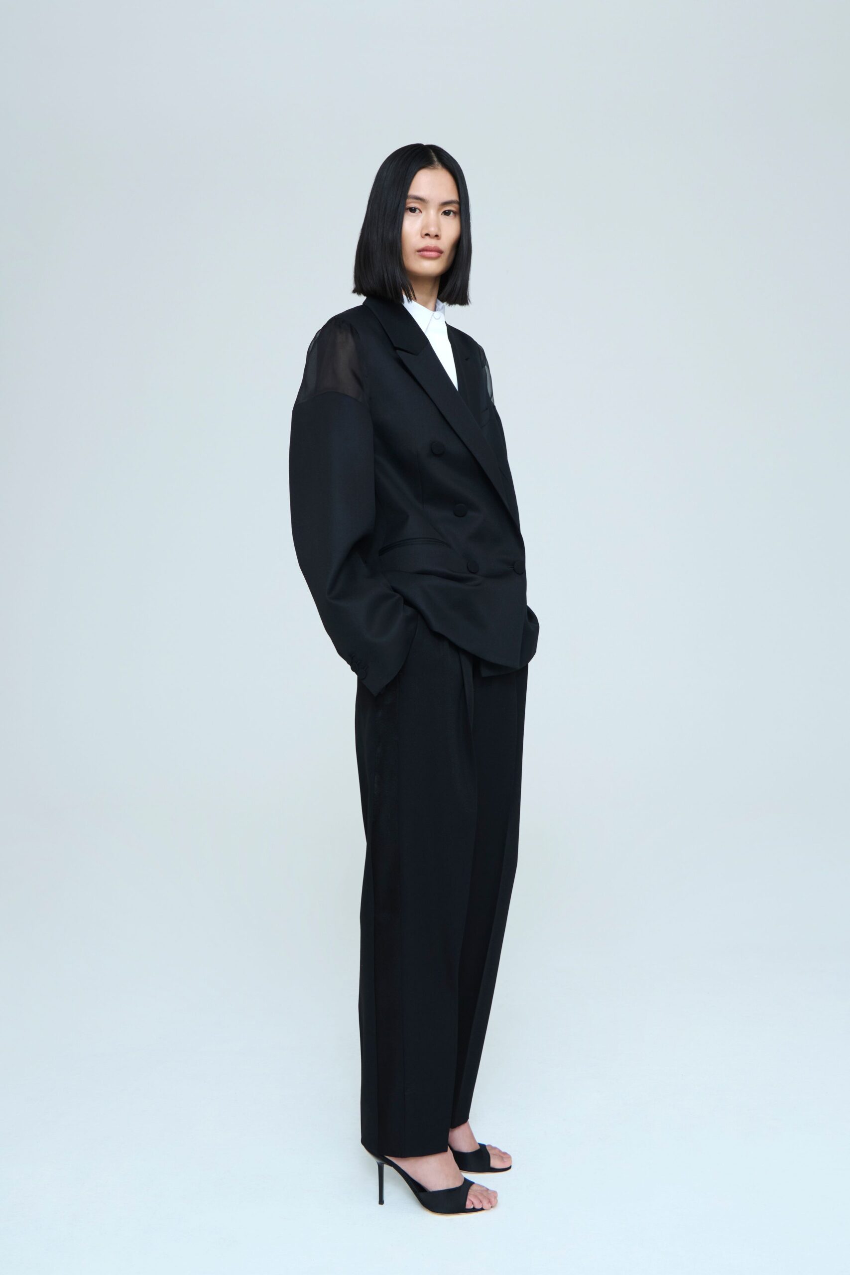 black silk blazer with relaxed pants
