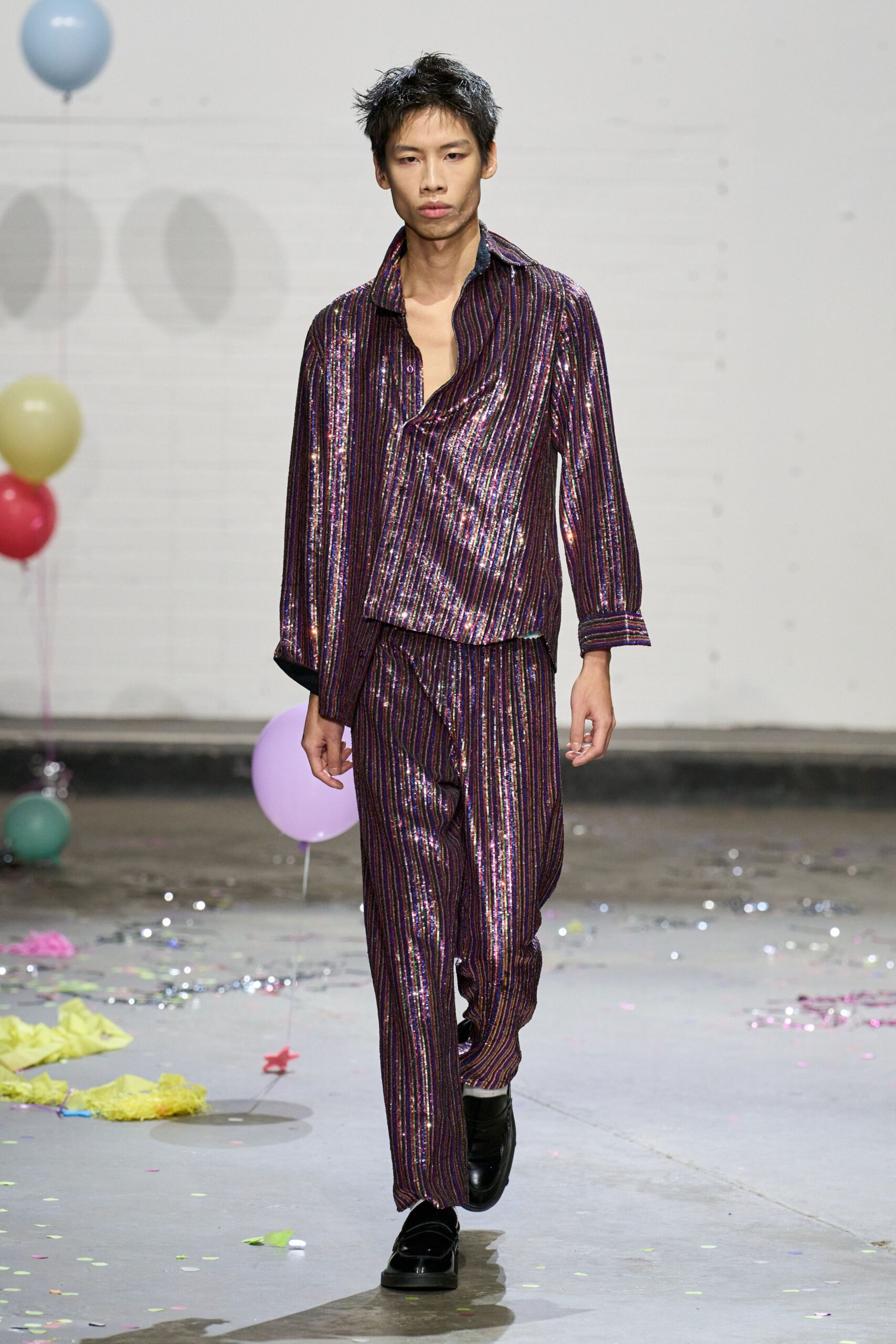purple sequin relaxed striped shiny pants