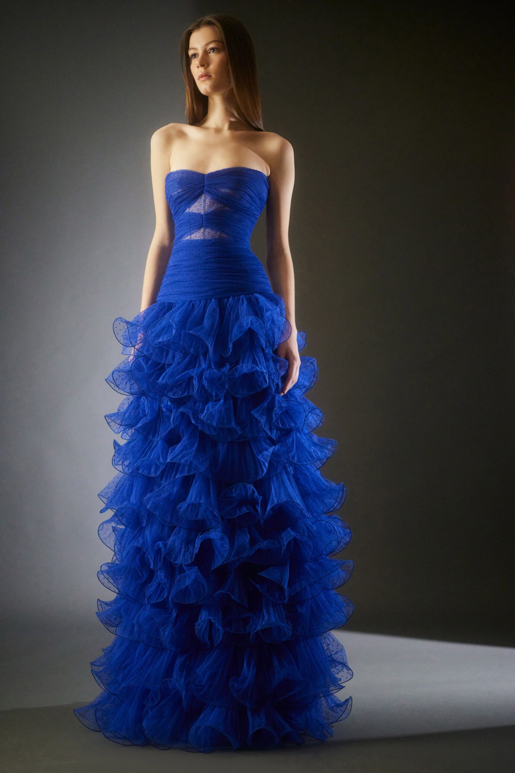 blue strapless ruffled gown