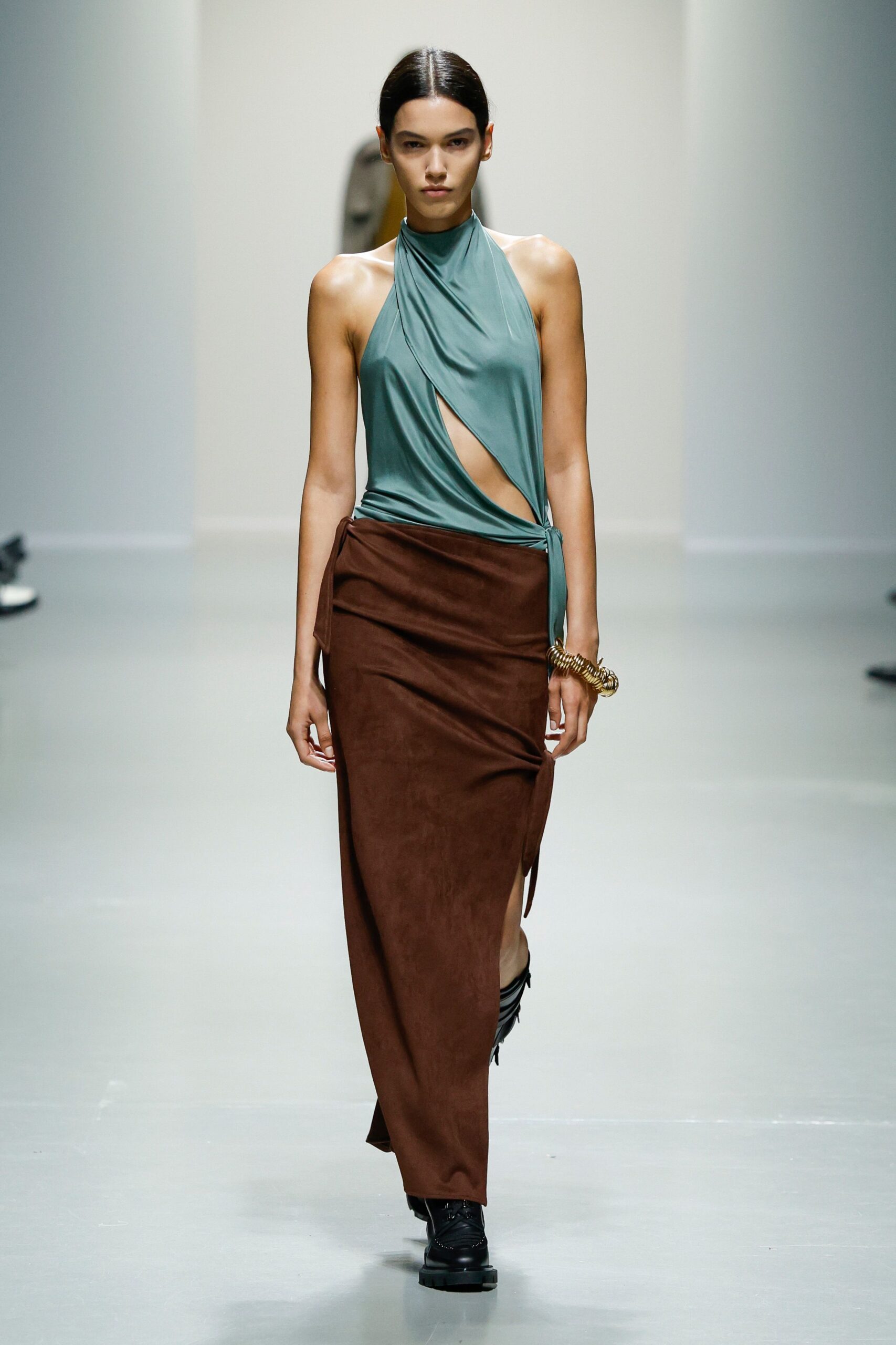 brown suede slit fitted high-waisted maxi skirt