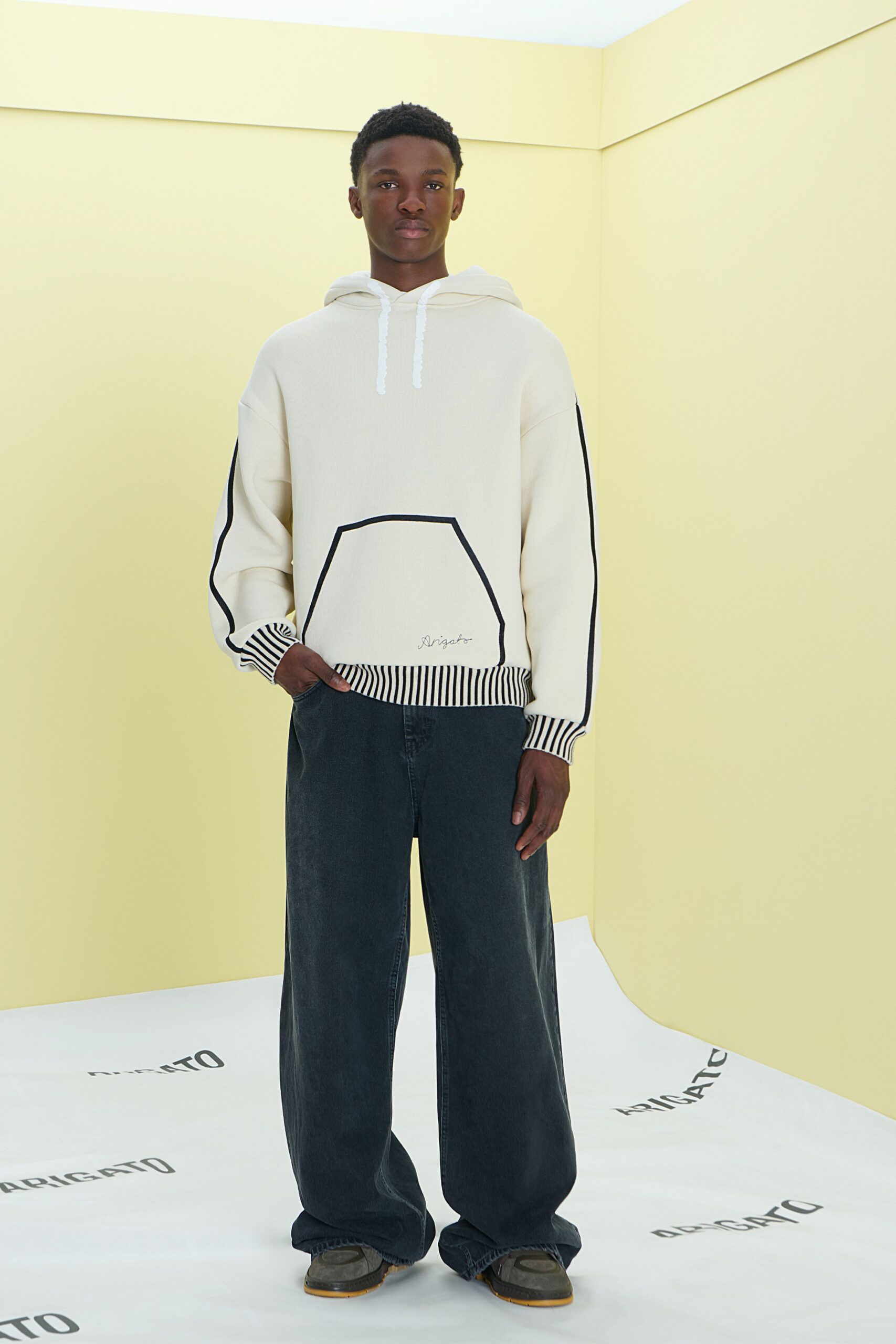 white relaxed hoodie with black pants