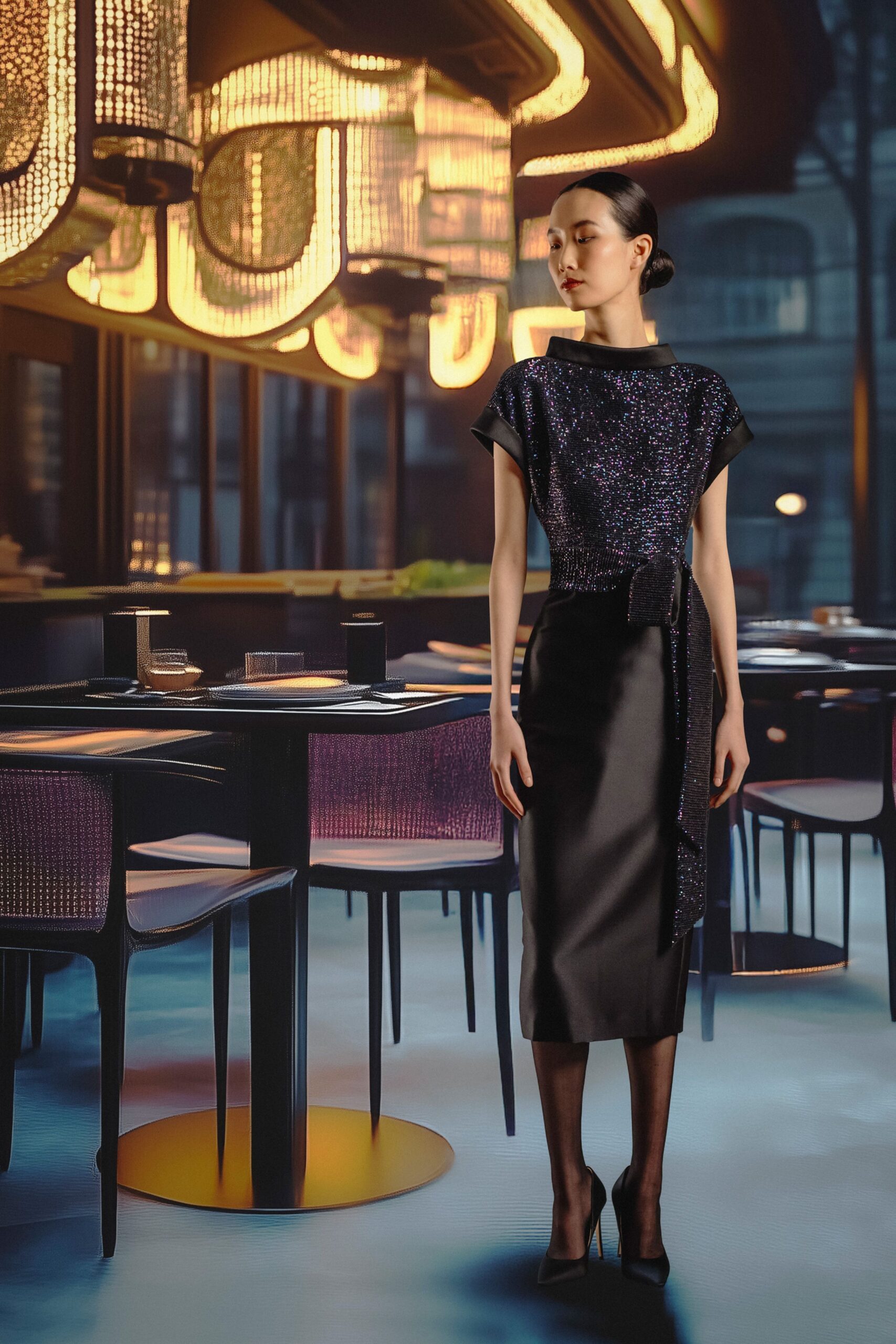 black silk short-sleeve v-neck fitted ruched belted dress