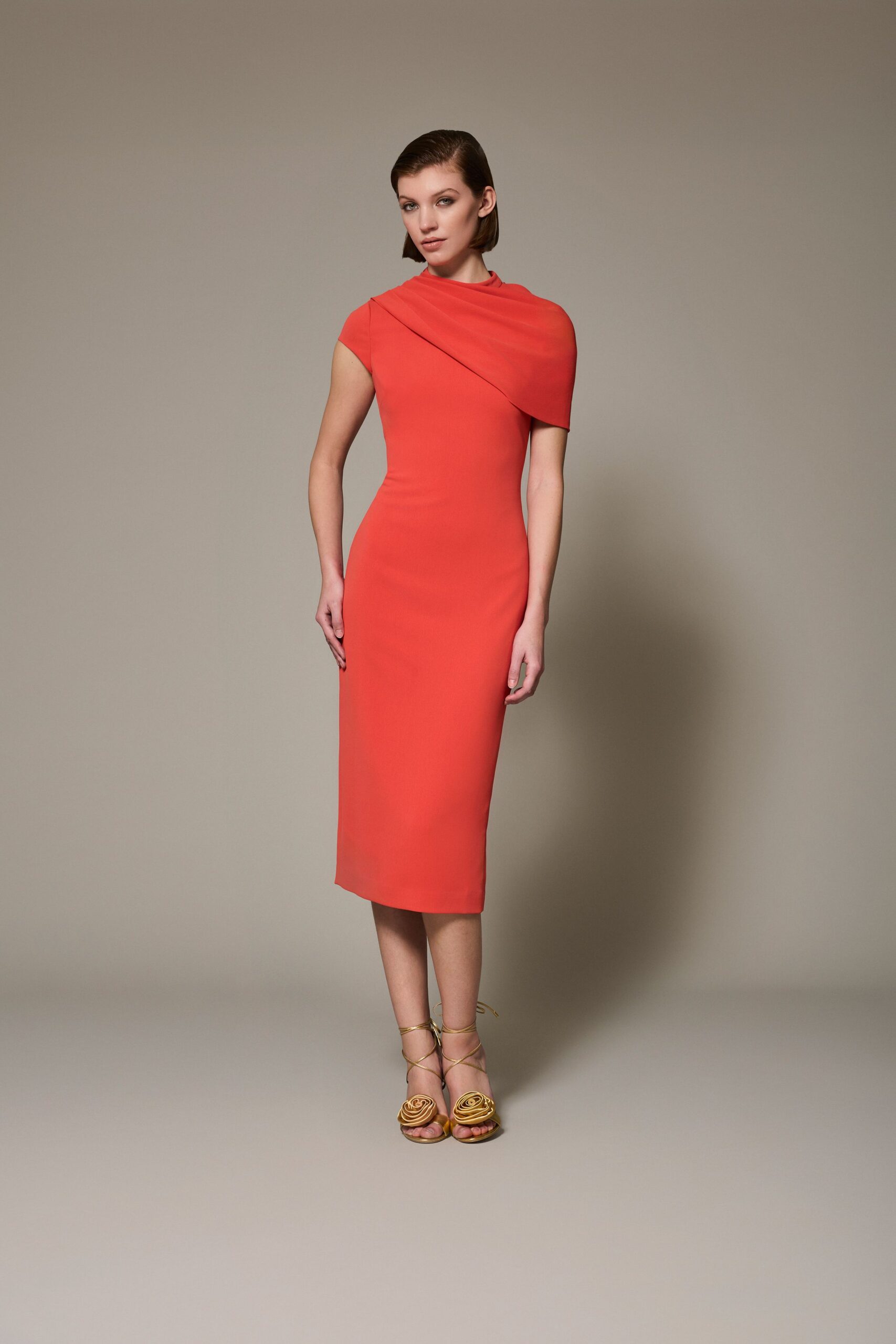 red cotton sleeveless high-neck fitted draped midi dress