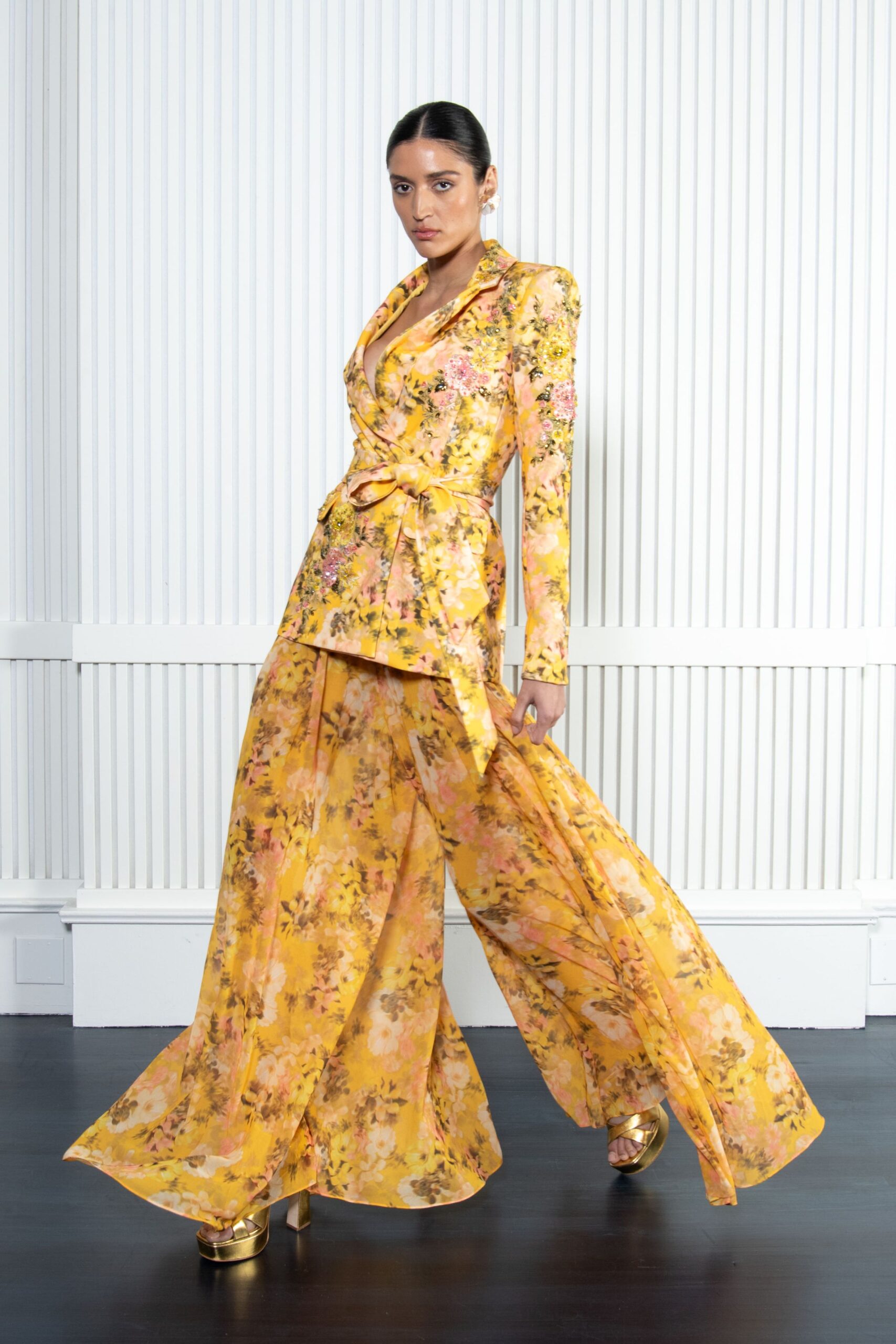 yellow silk relaxed floral flared flowing pants