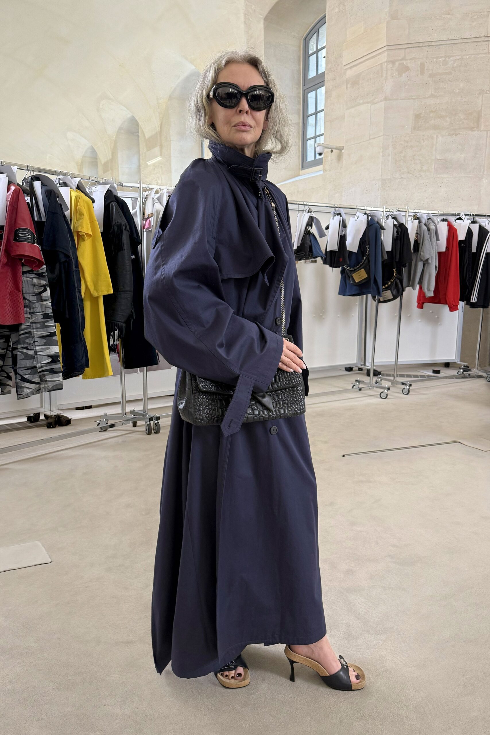 blue cotton long-sleeve collared relaxed buttoned maxi coat