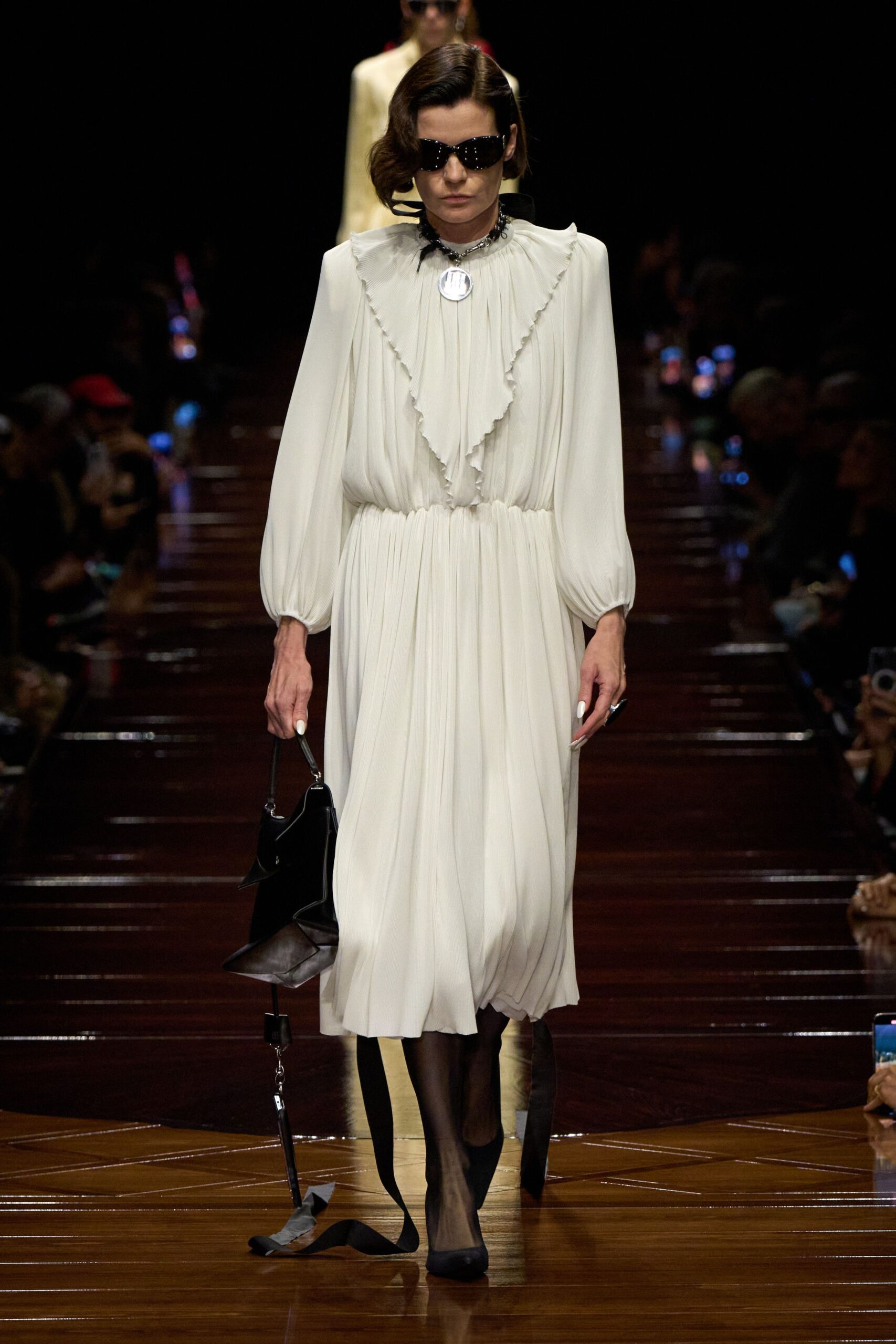 white silk long-sleeve collared fitted pleated ruffled dress