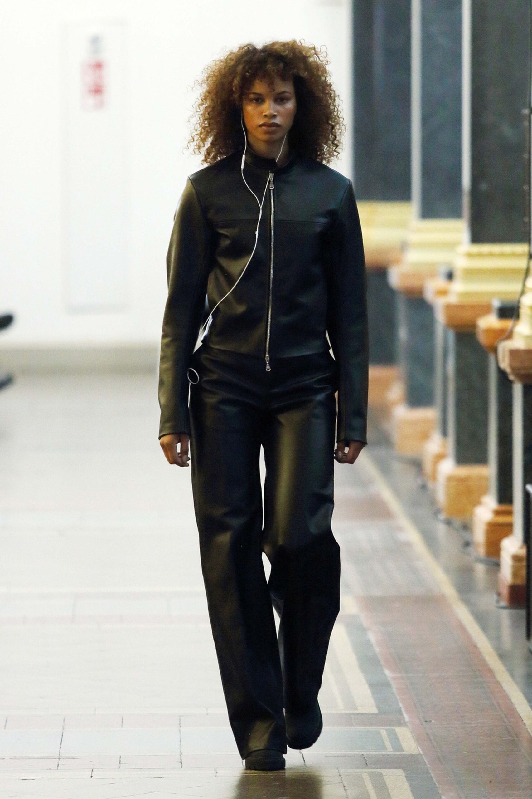 black leather fitted jacket and pants