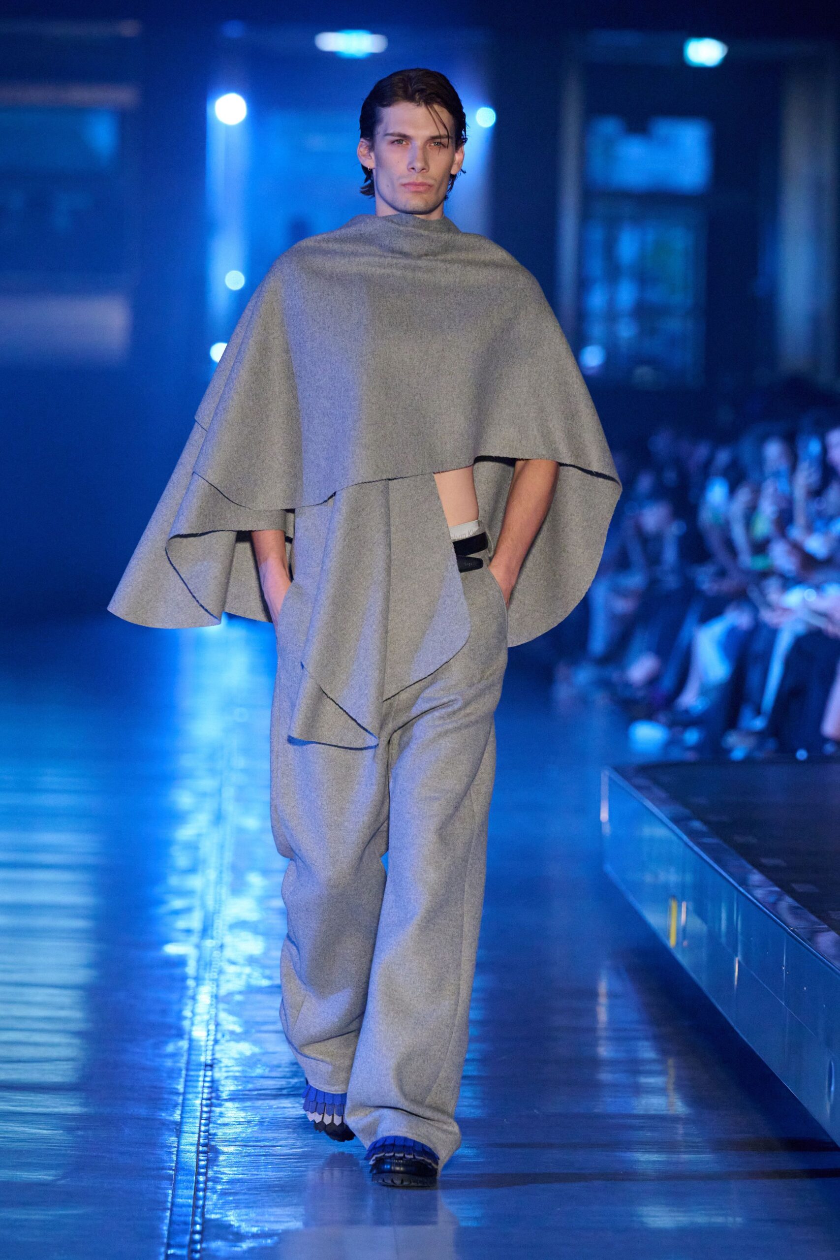 gray wool high-neck oversized layered textured maxi cape