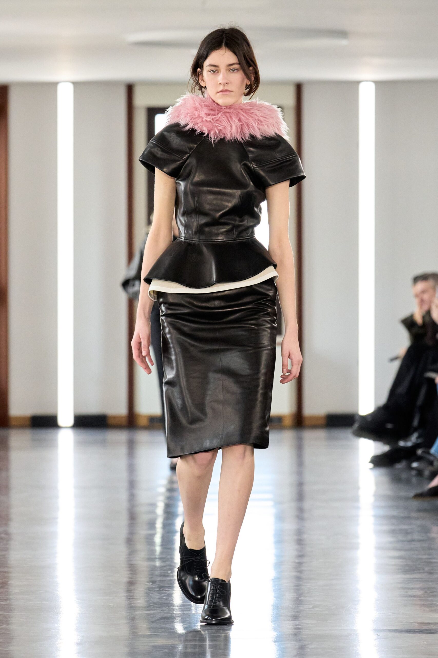 black leather midi dress with pink scarf
