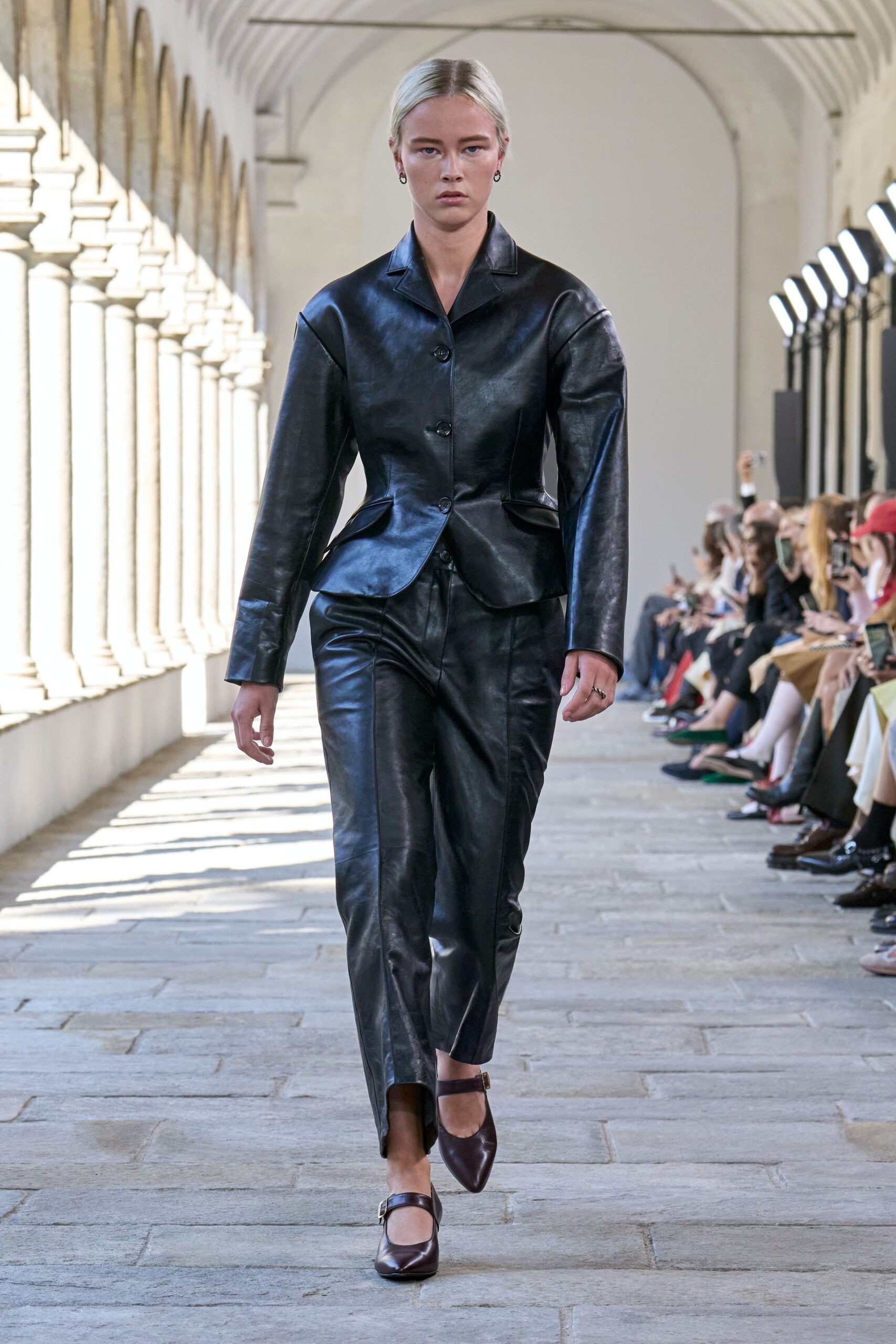 black leather fitted suit