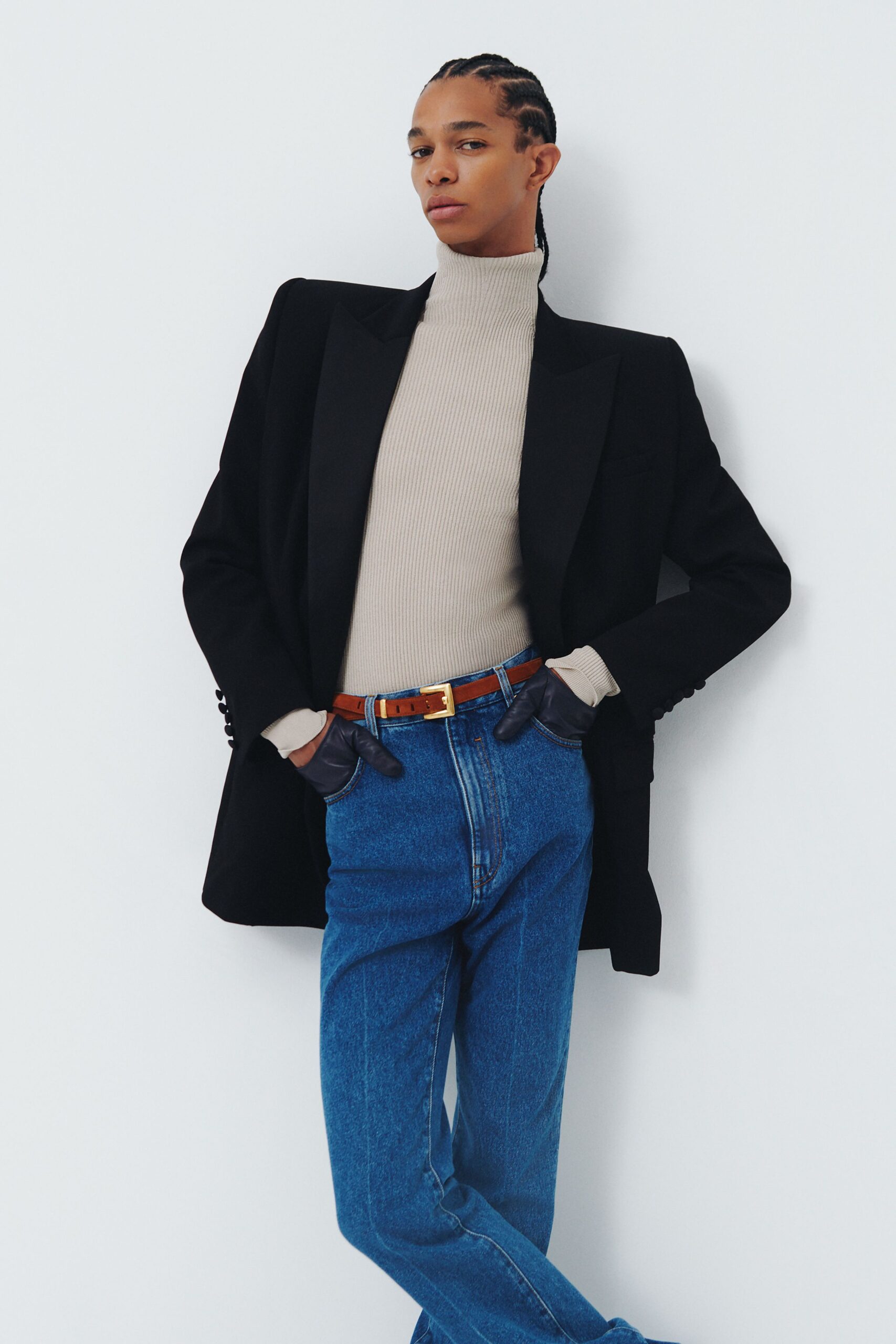 blue denim high-waisted straight-leg jeans