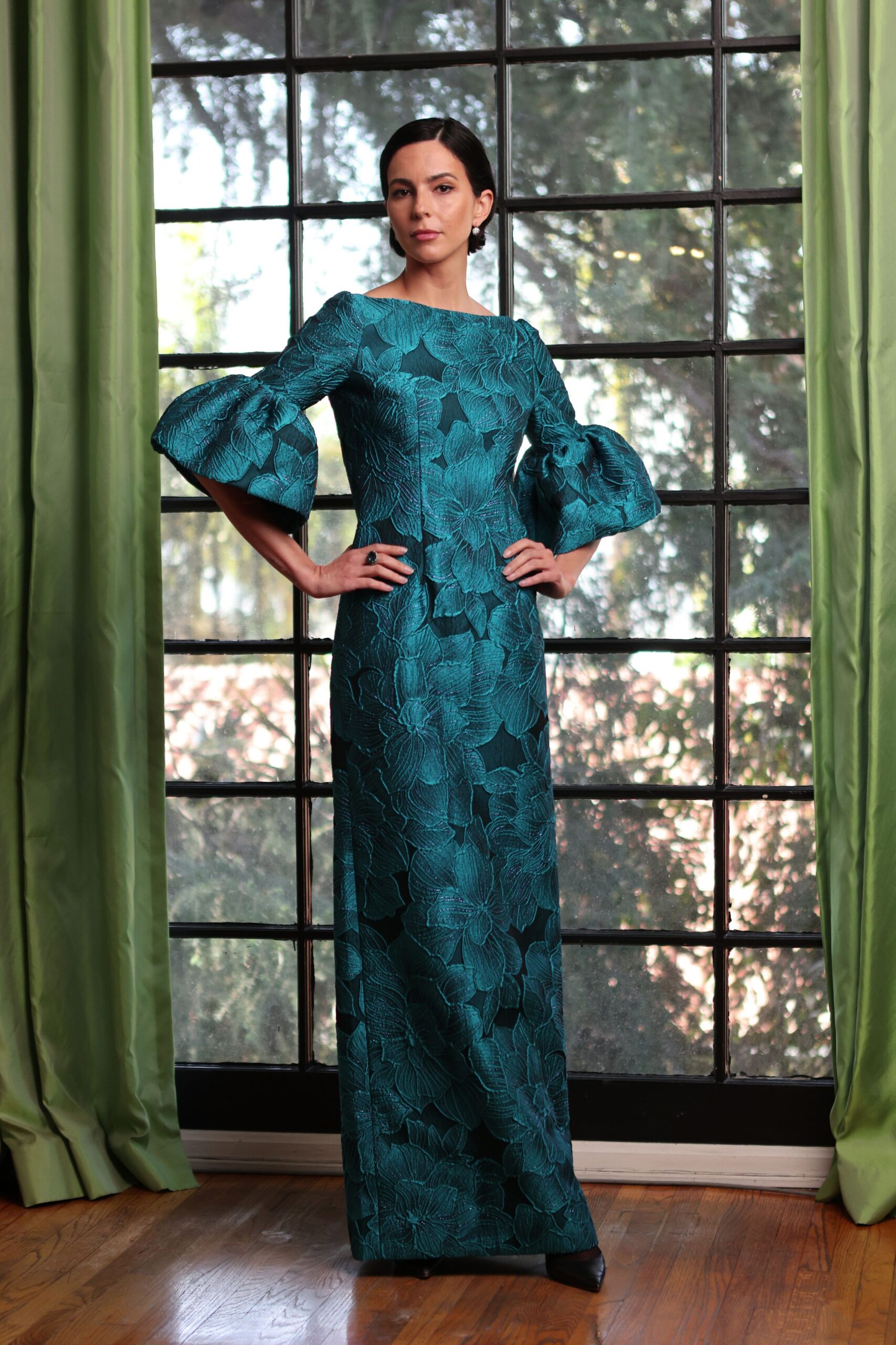 teal silk long-sleeve collared fitted floral embroidered gown