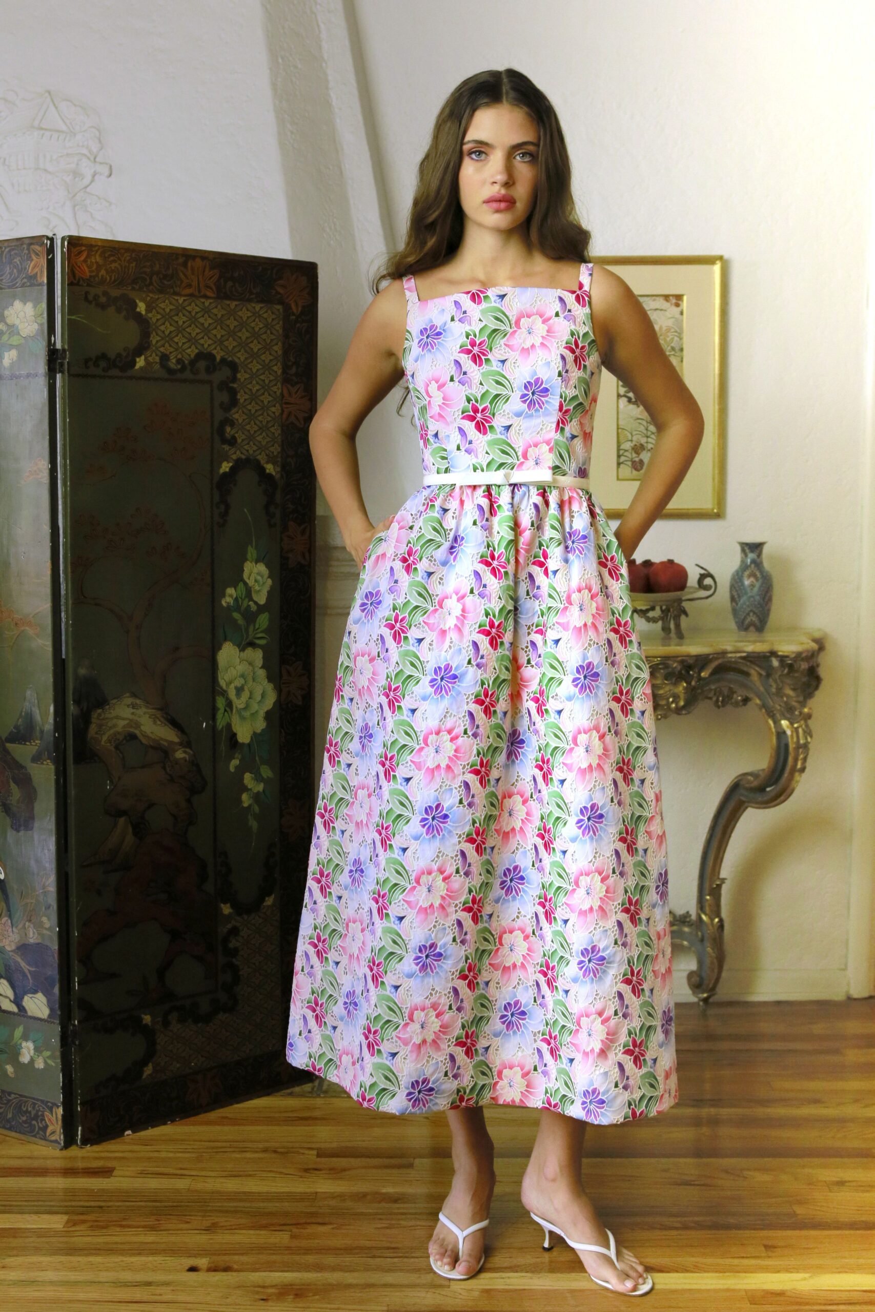 pink cotton sleeveless square-neck fitted floral tiered dress