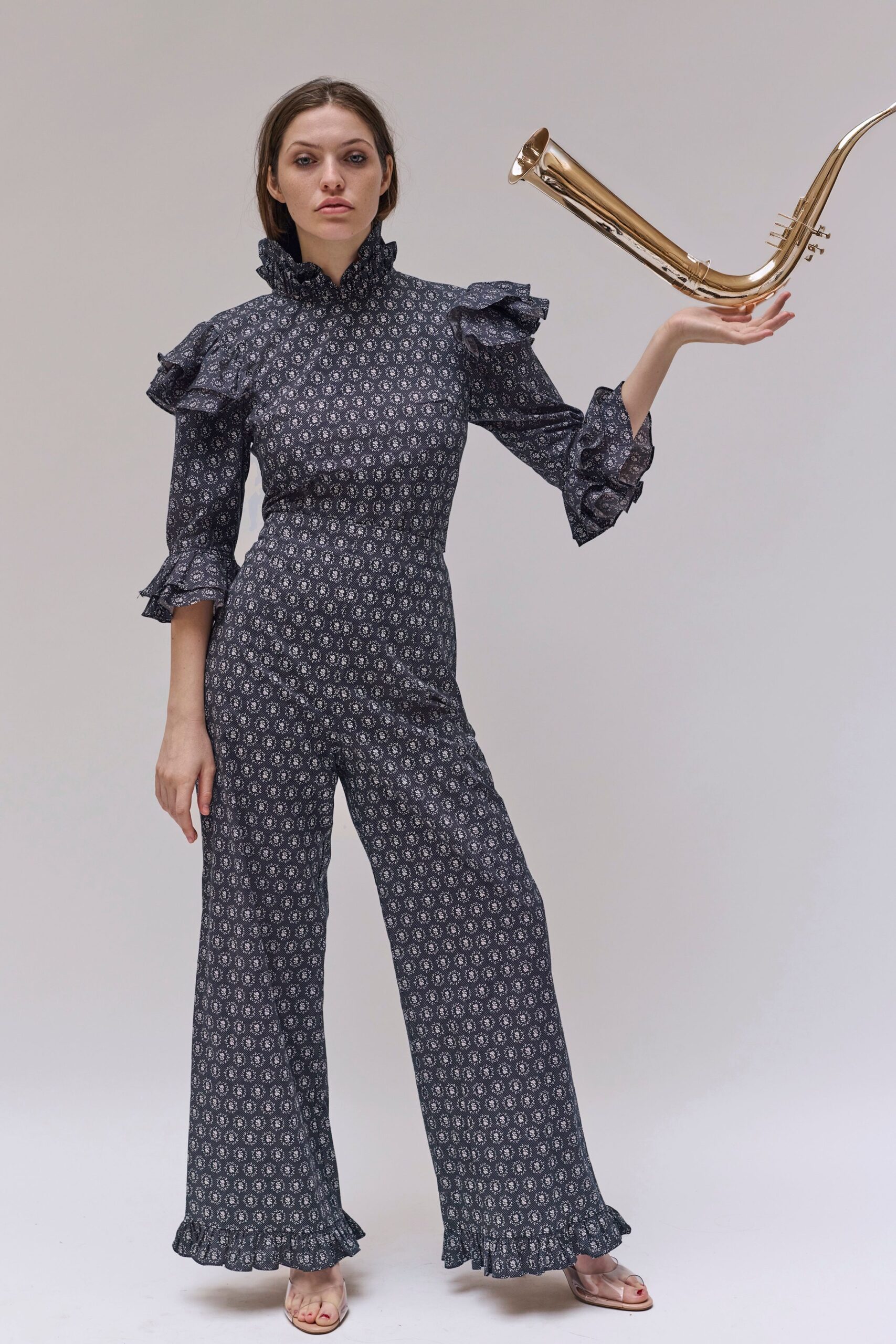 blue cotton long-sleeve high-neck fitted ruffled printed jumpsuit