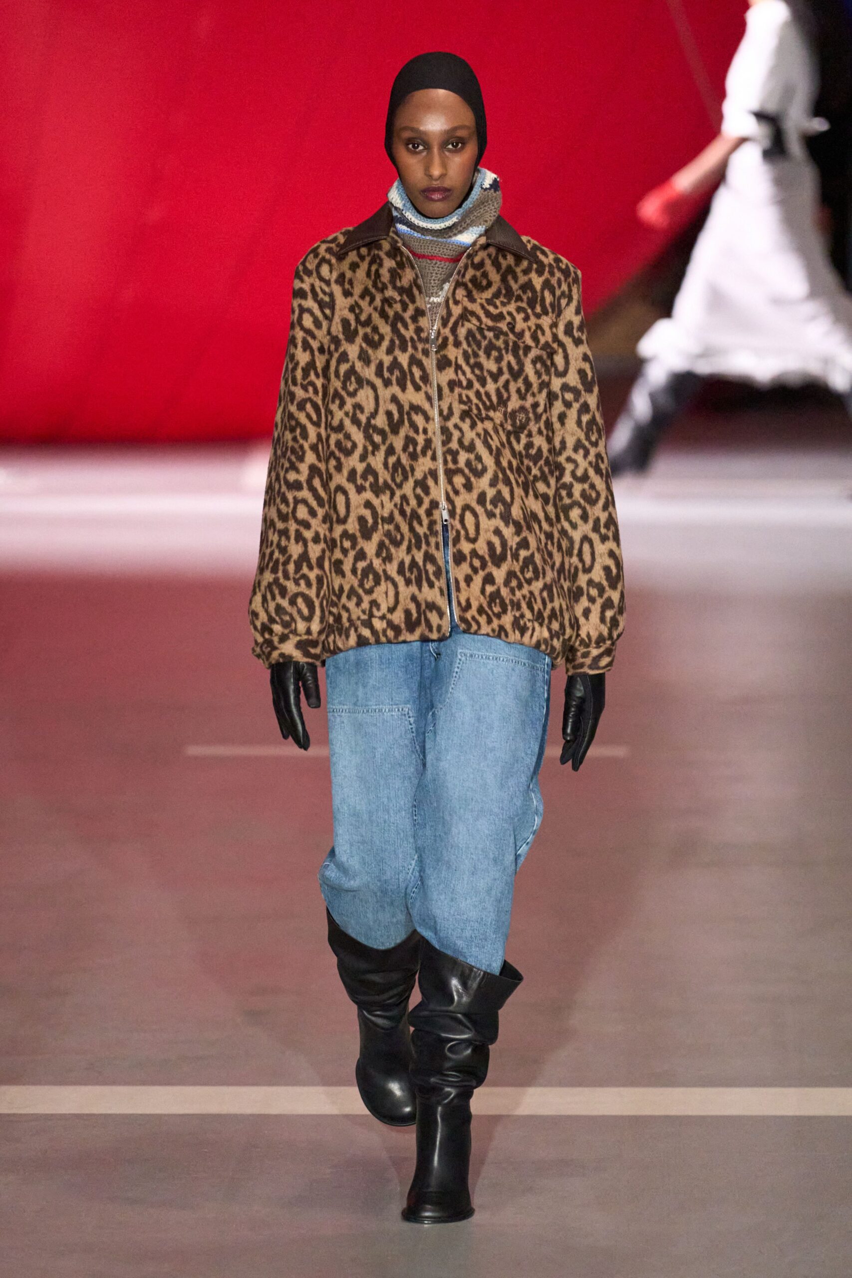 brown animal-print jacket with jeans