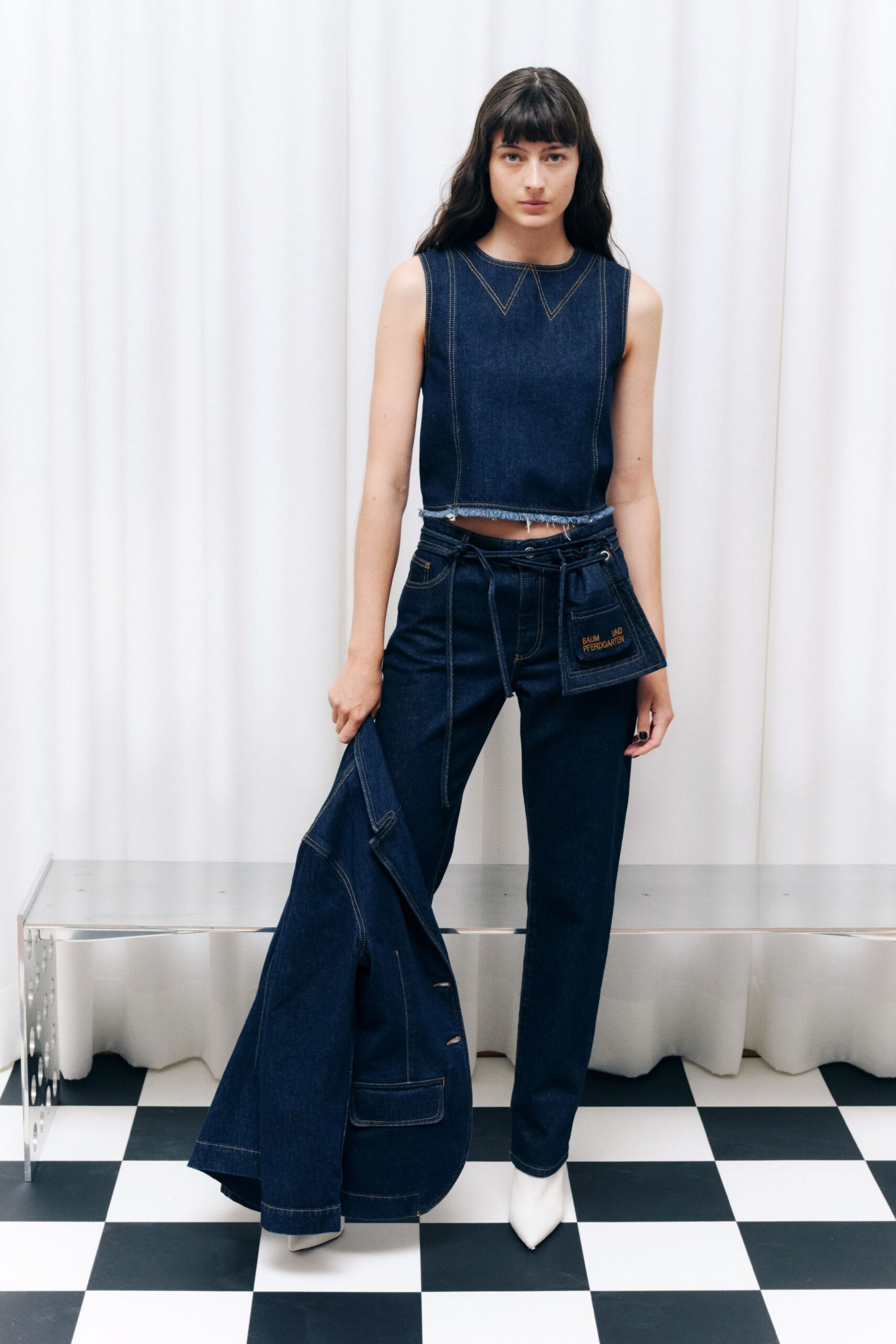 denim top and pants outfit