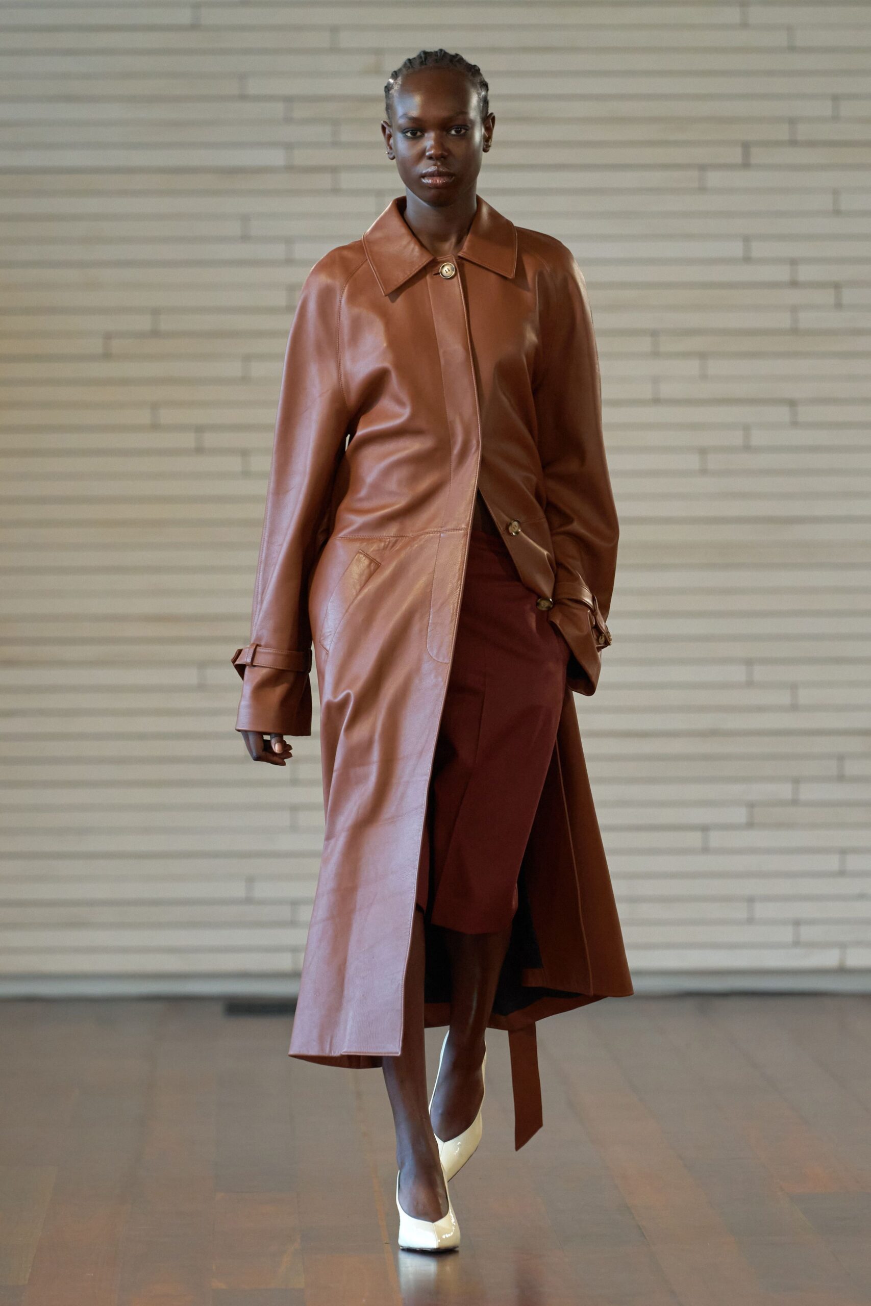 brown leather long-sleeve collared fitted zippered maxi coat