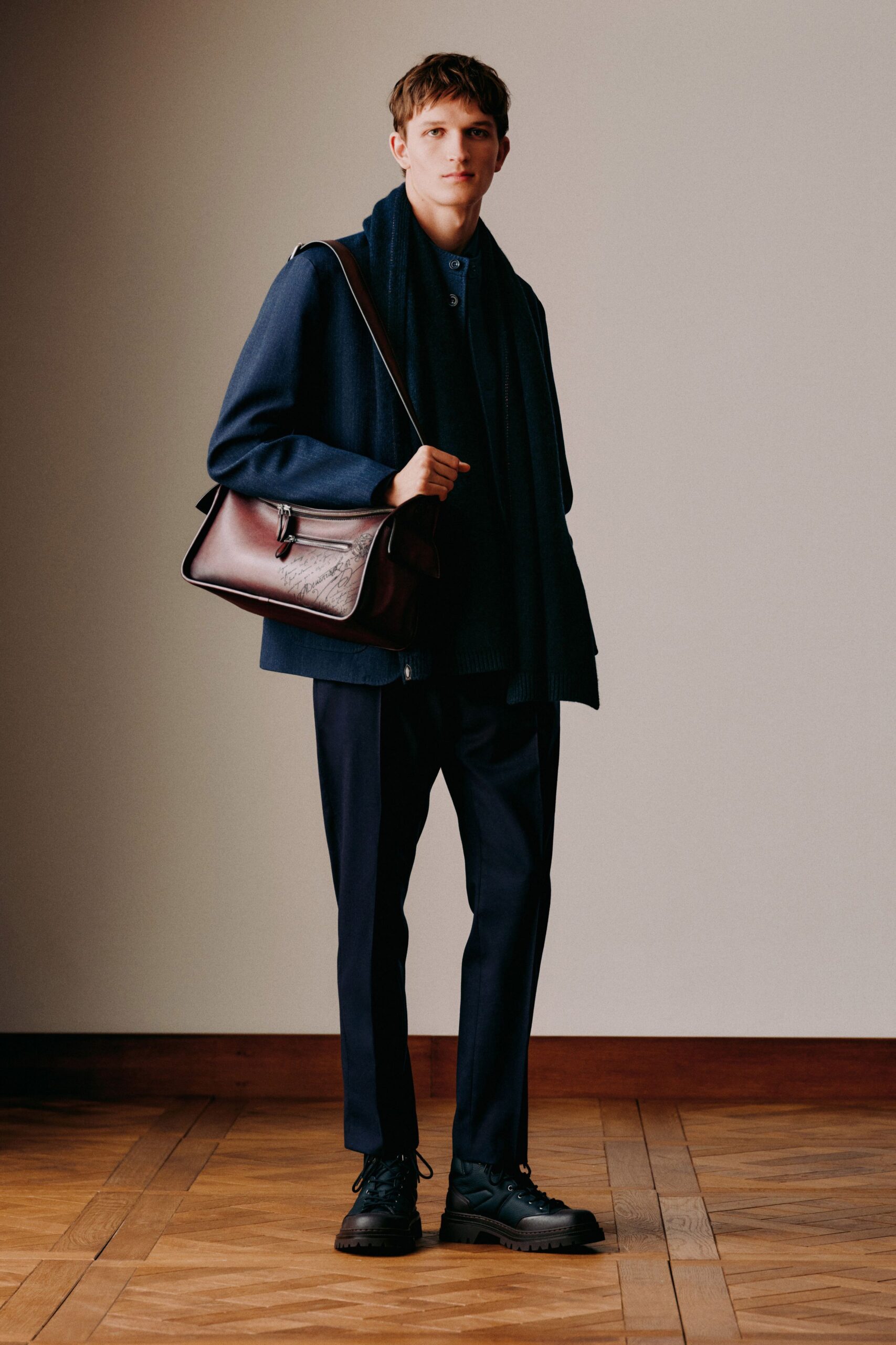 blue wool long-sleeve collared relaxed jacket