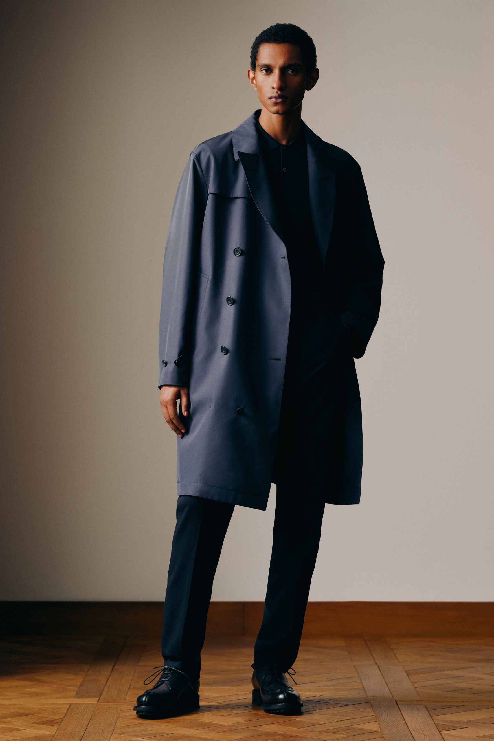 gray coat black pants shoes