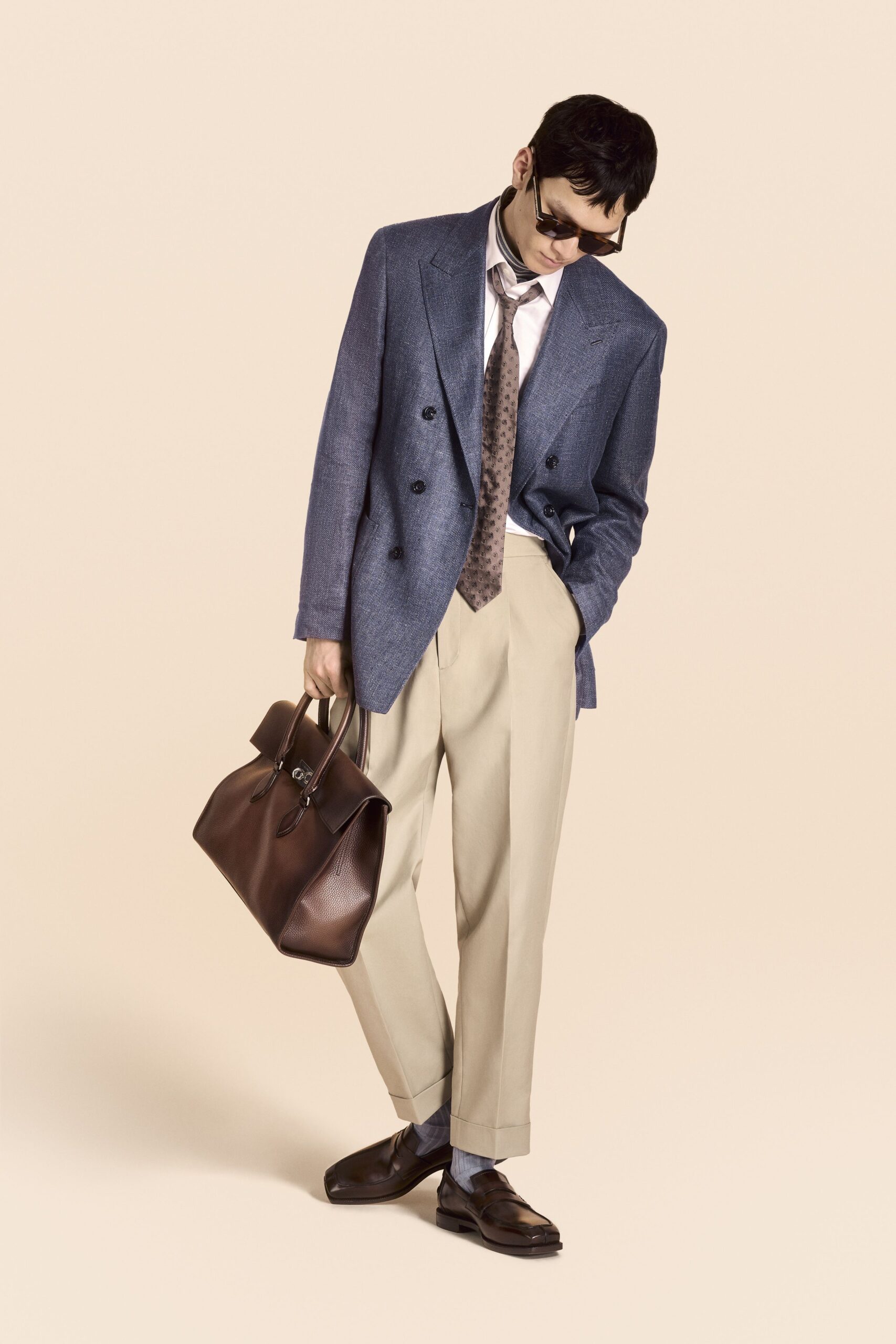 blue wool long-sleeve collared structured buttoned blazer