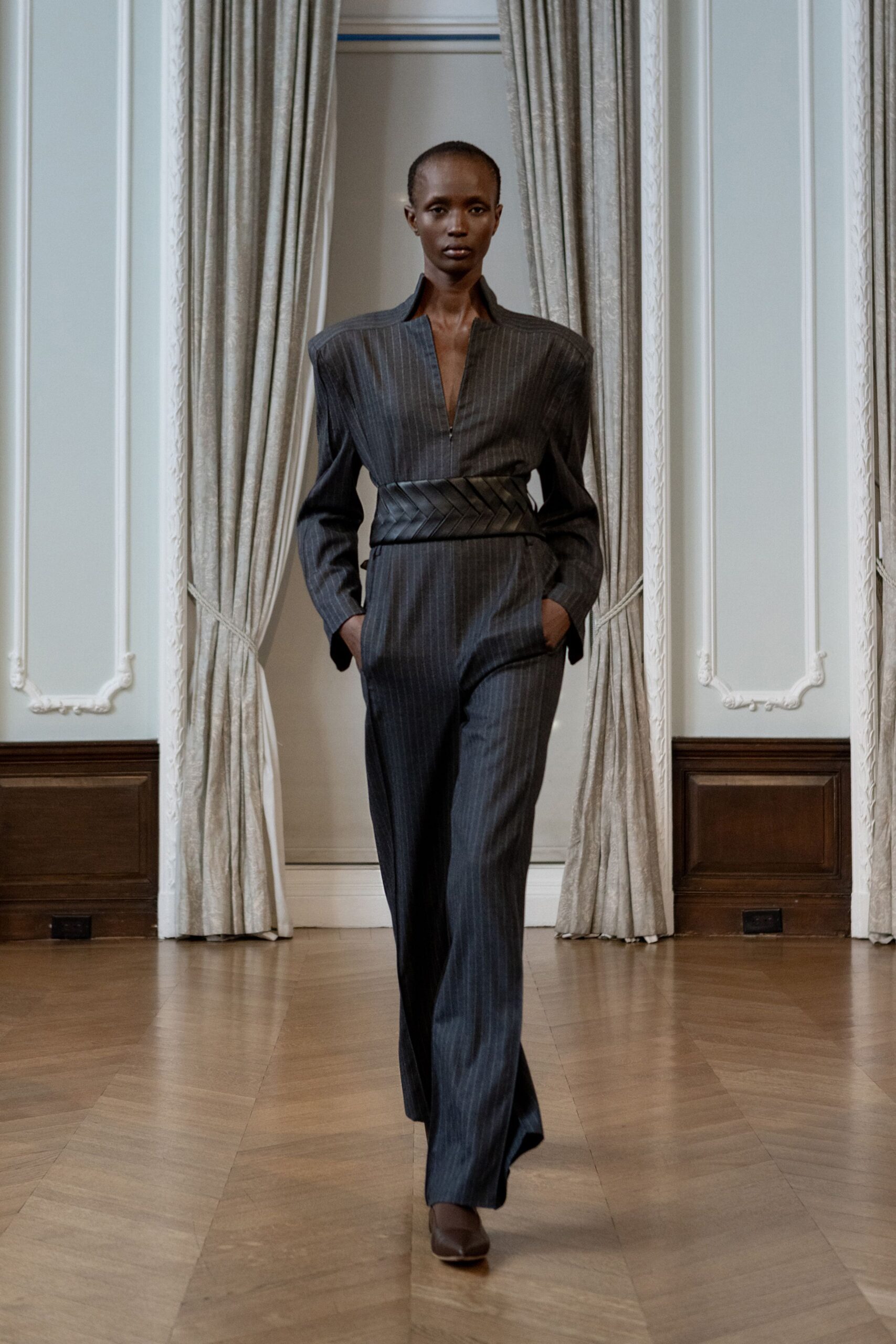 gray cotton long-sleeve collared fitted pencil zippered jumpsuit