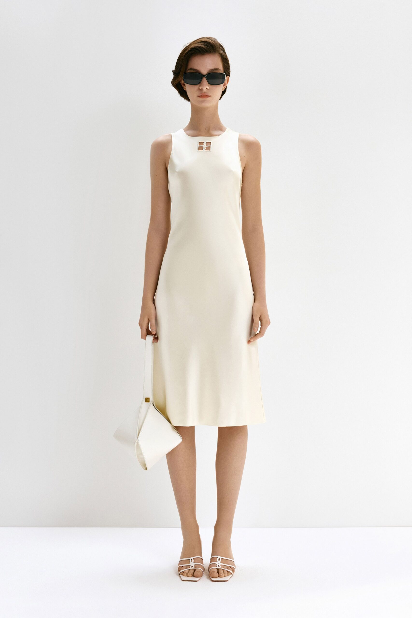 white silk sleeveless high-neck fitted straight-leg midi dress