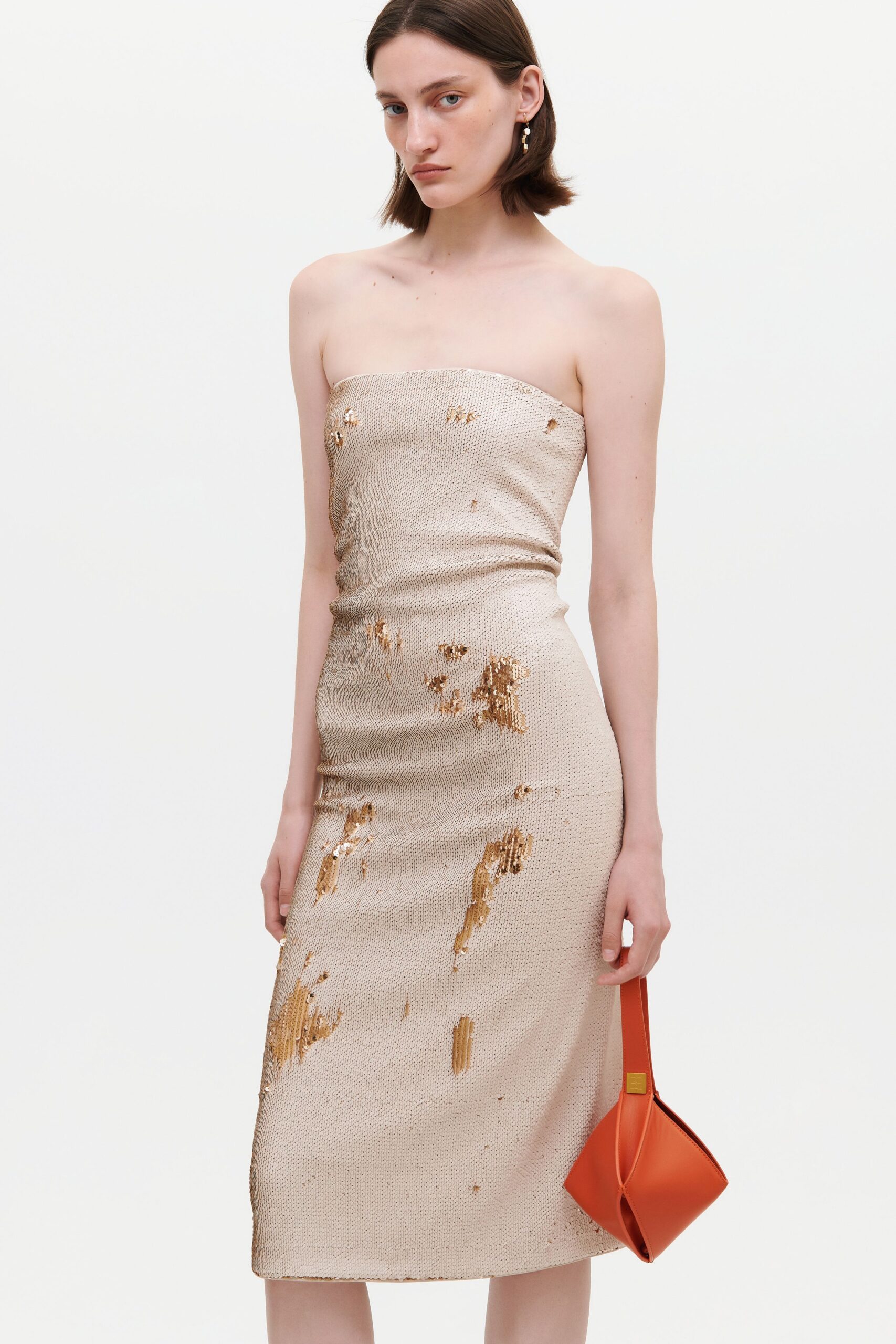 beige silk strapless fitted ruched embellished shiny dress