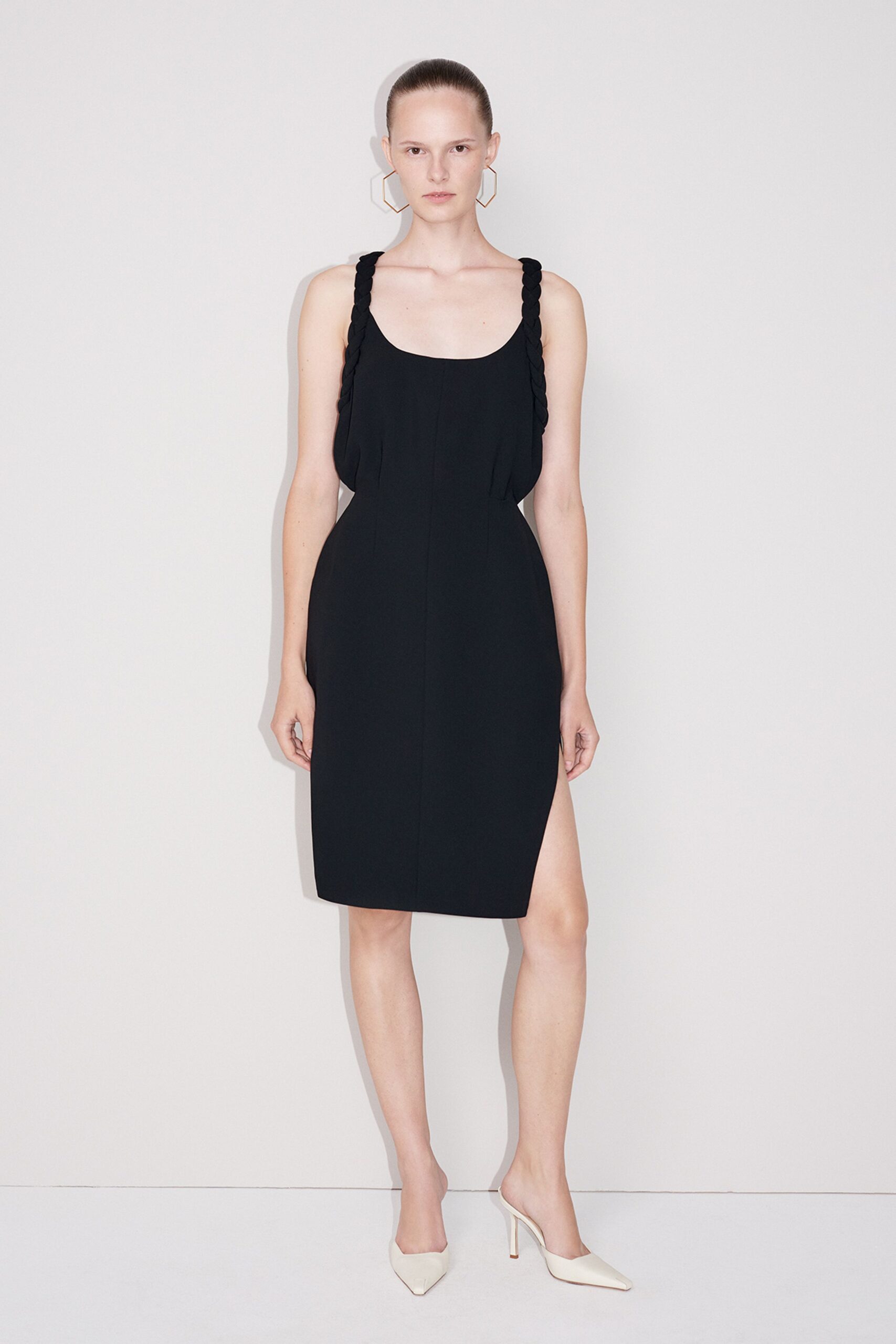 black cotton sleeveless v-neck fitted pleated mini dress