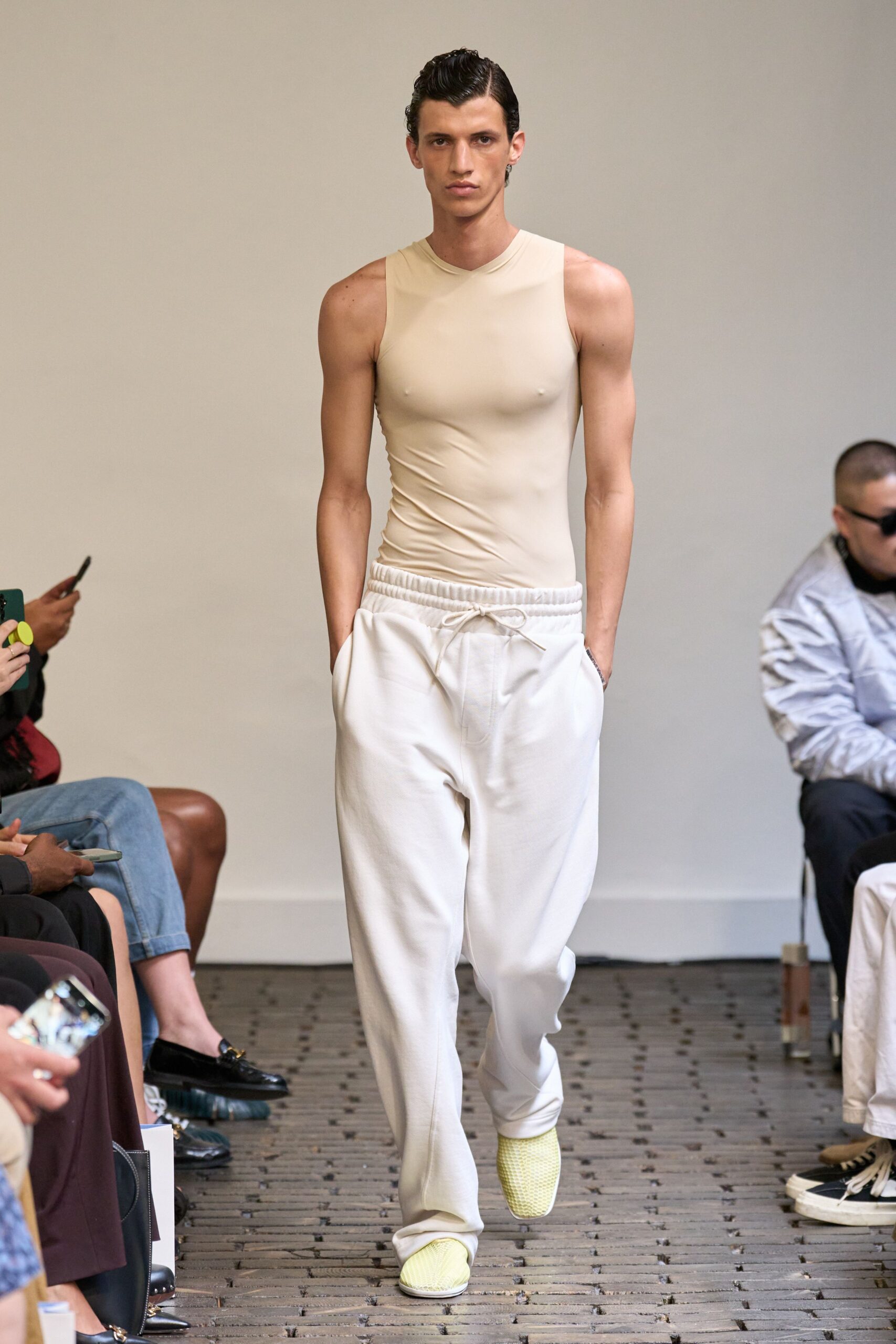 beige cotton sleeveless high-neck fitted tank-top