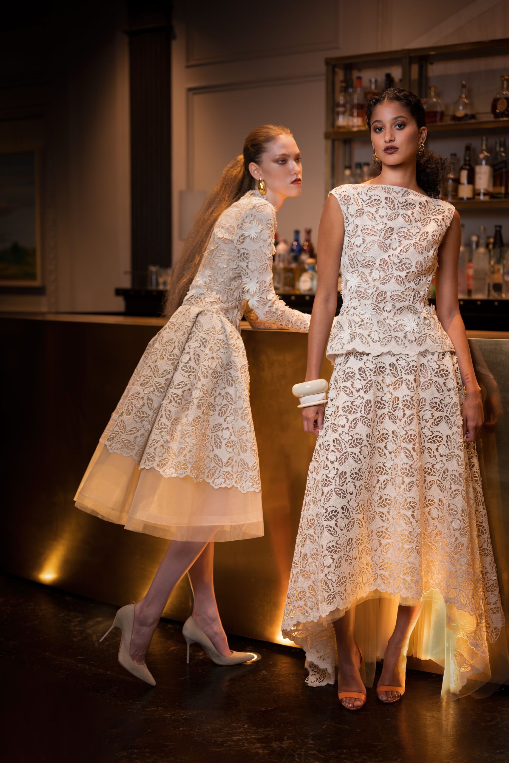 white lace sleeveless high-neck structured layered flared dress