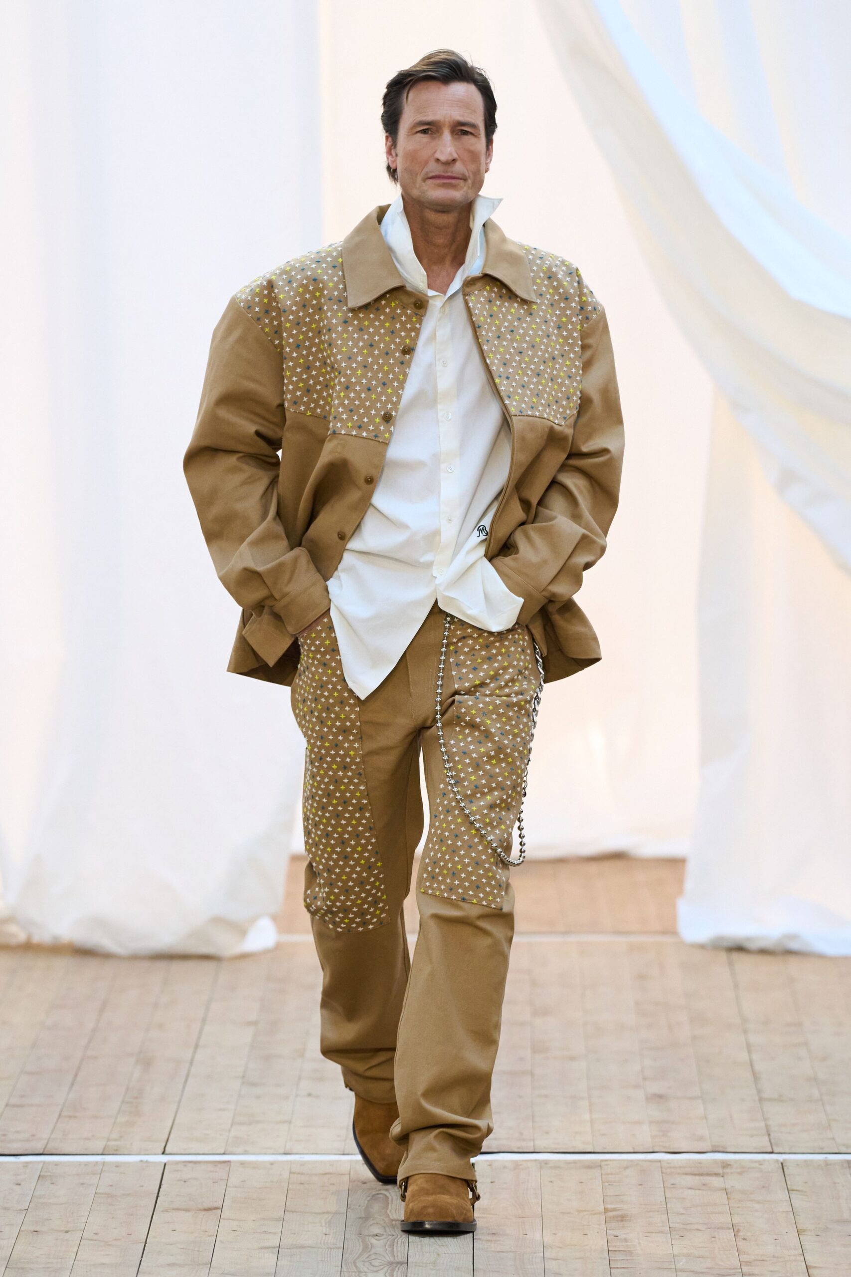 beige cotton jacket with white shirt