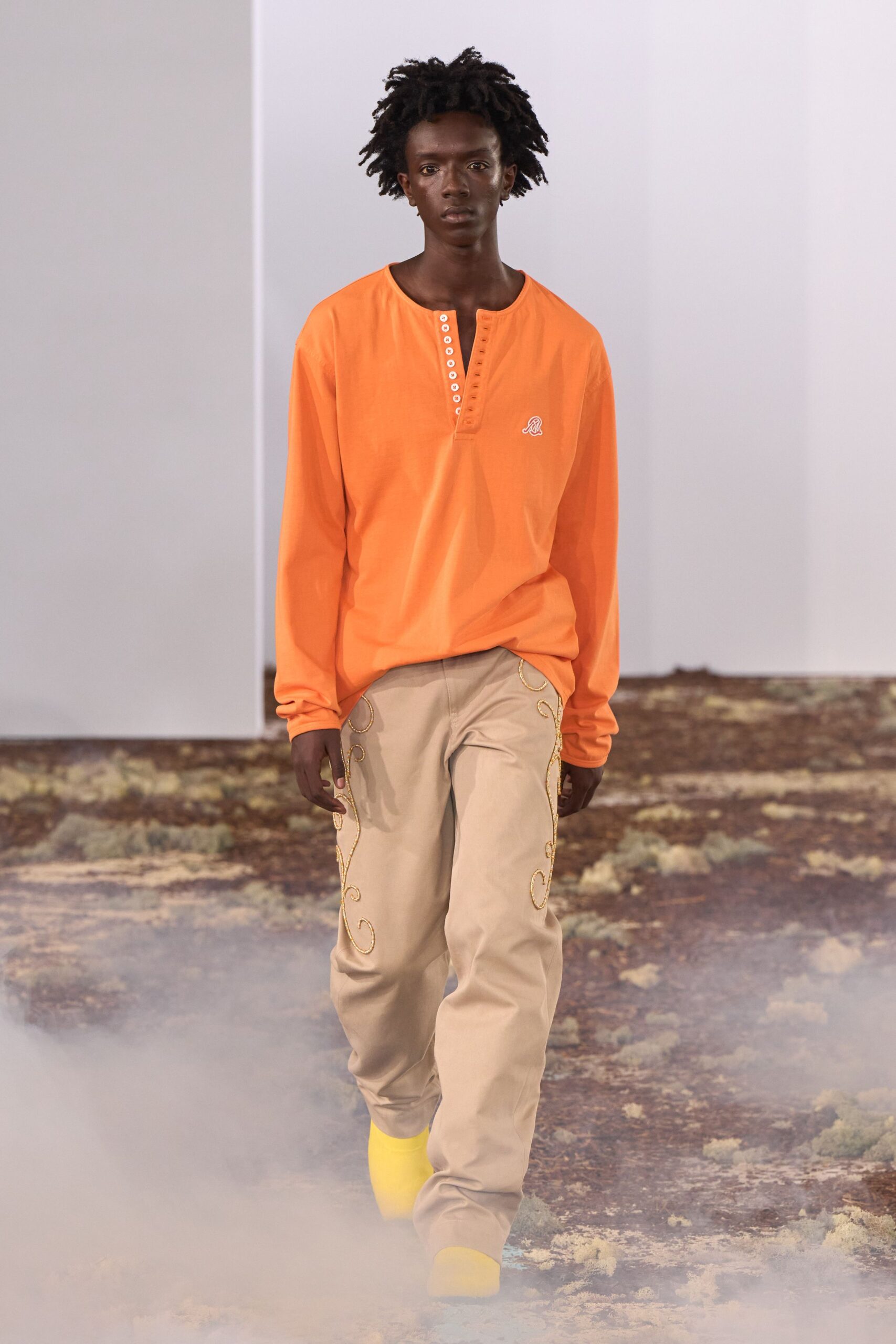 orange cotton long-sleeve high-neck oversized buttoned shirt