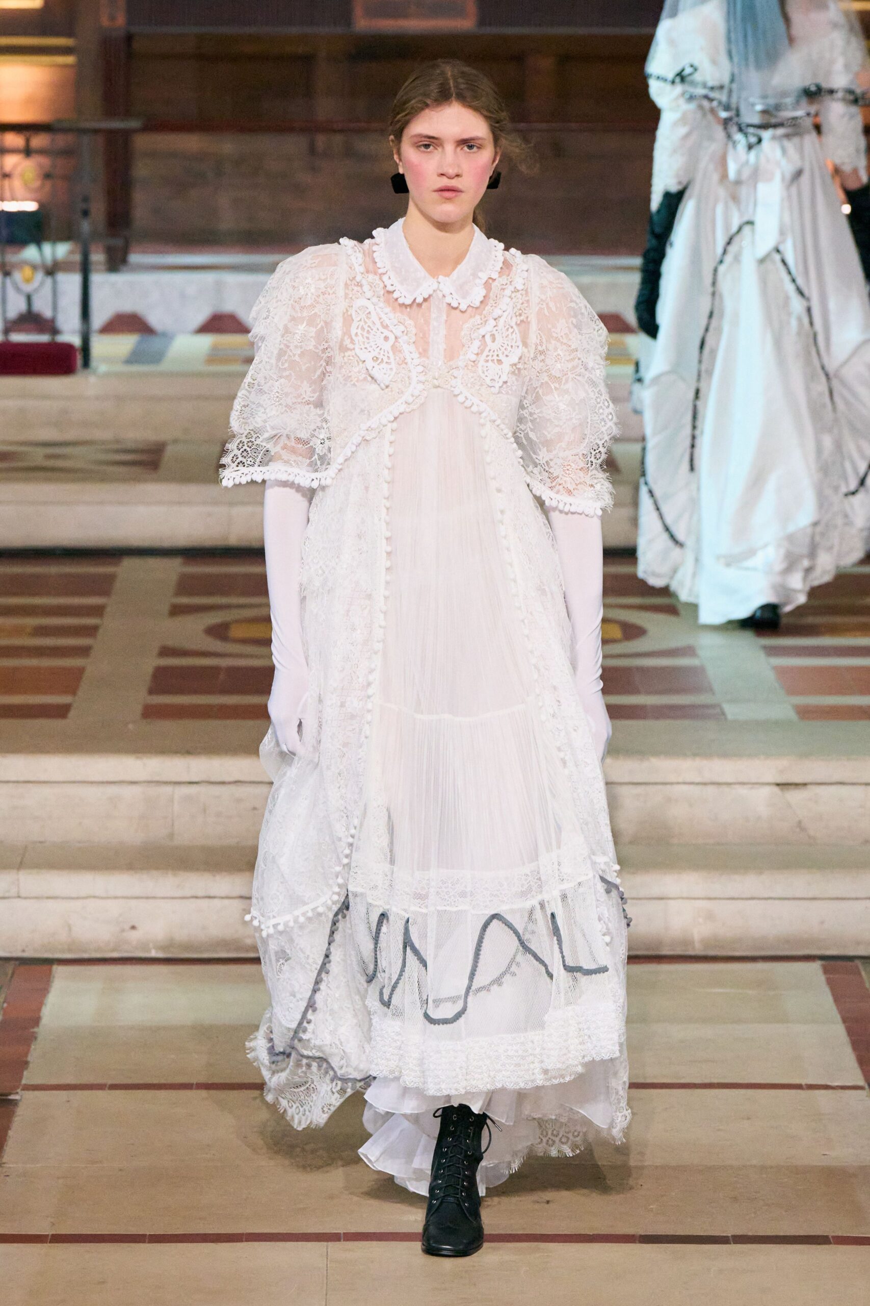 white lace long-sleeve collared fitted pleated layered dress