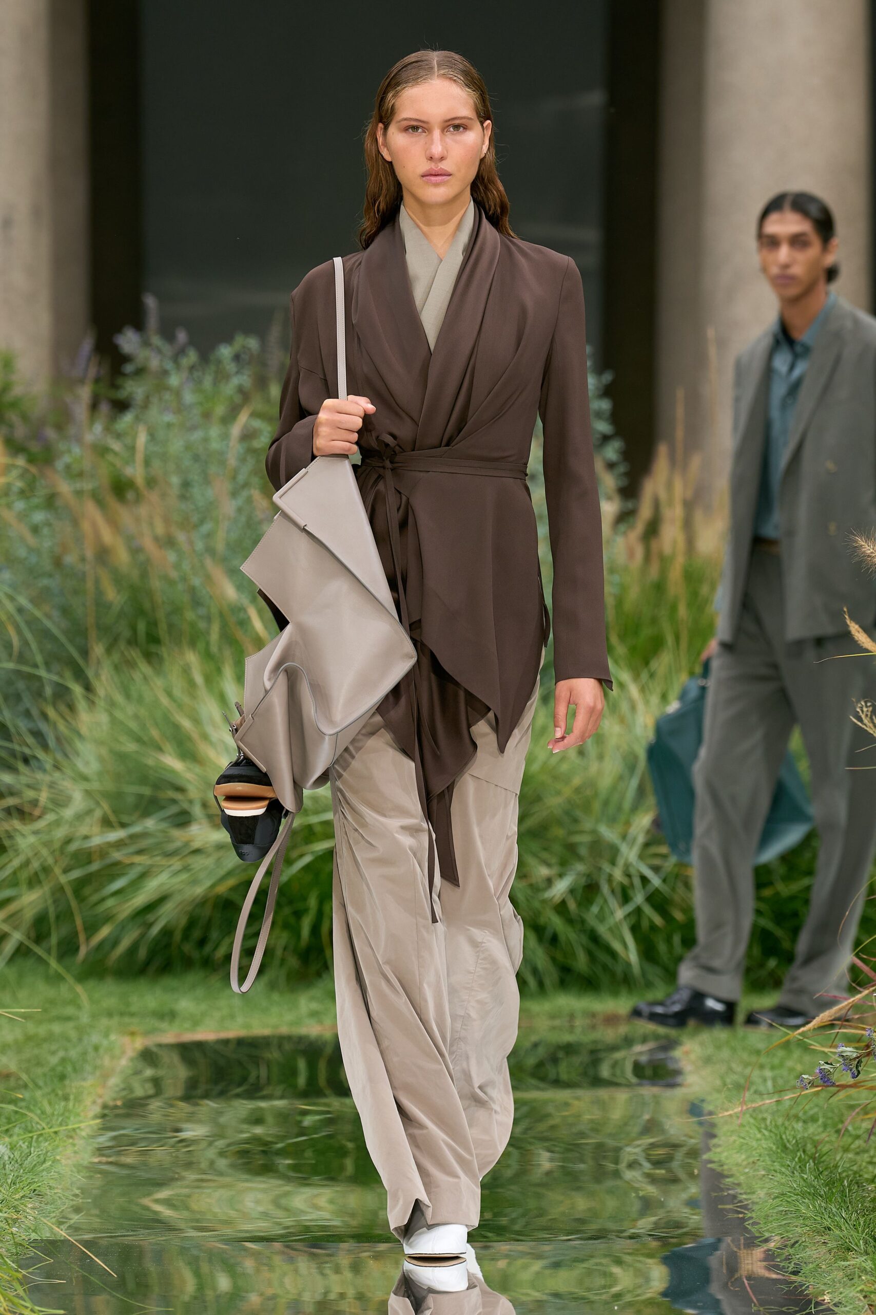 brown silk long-sleeve collared fitted draped blazer