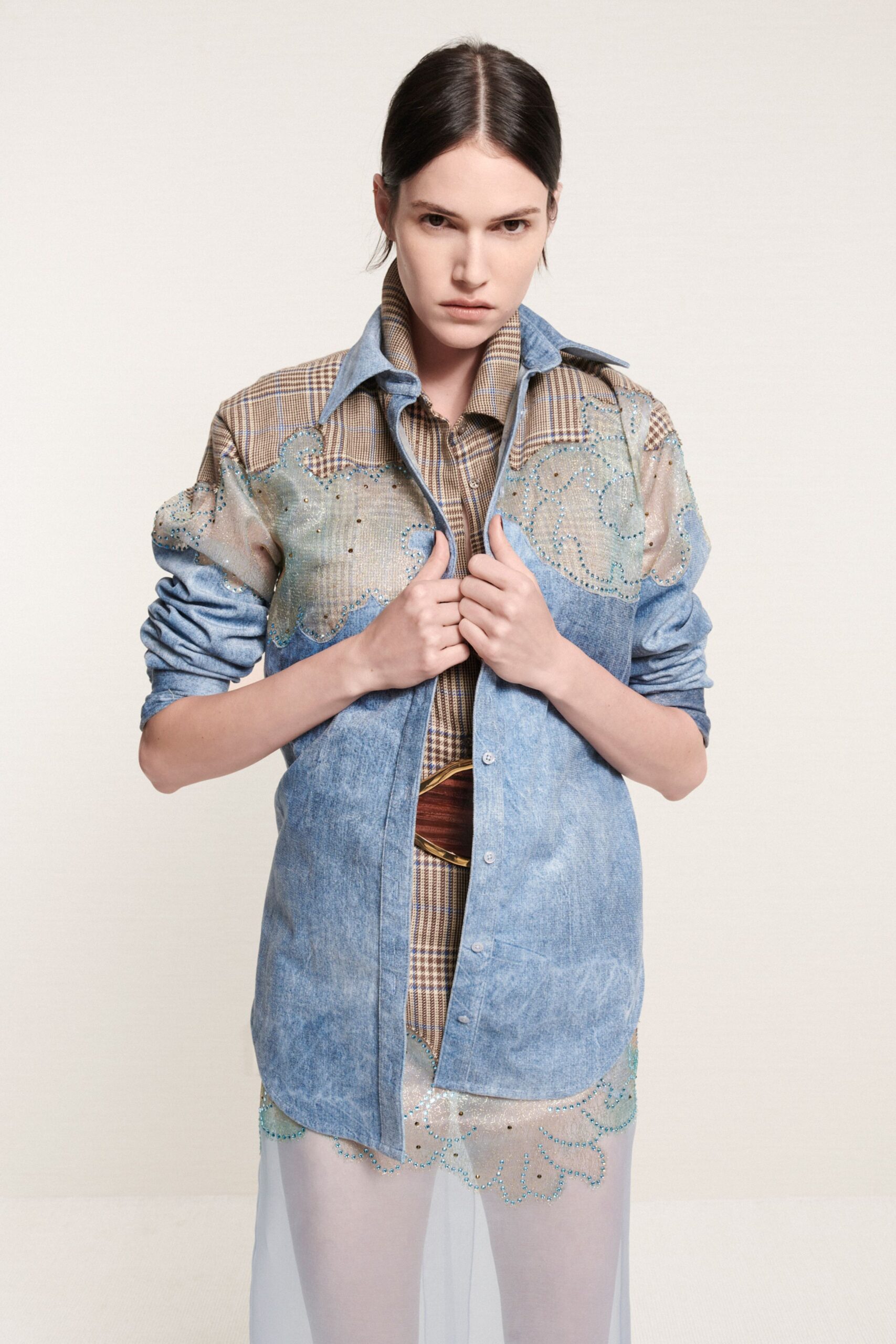 denim shirt layered midi dress