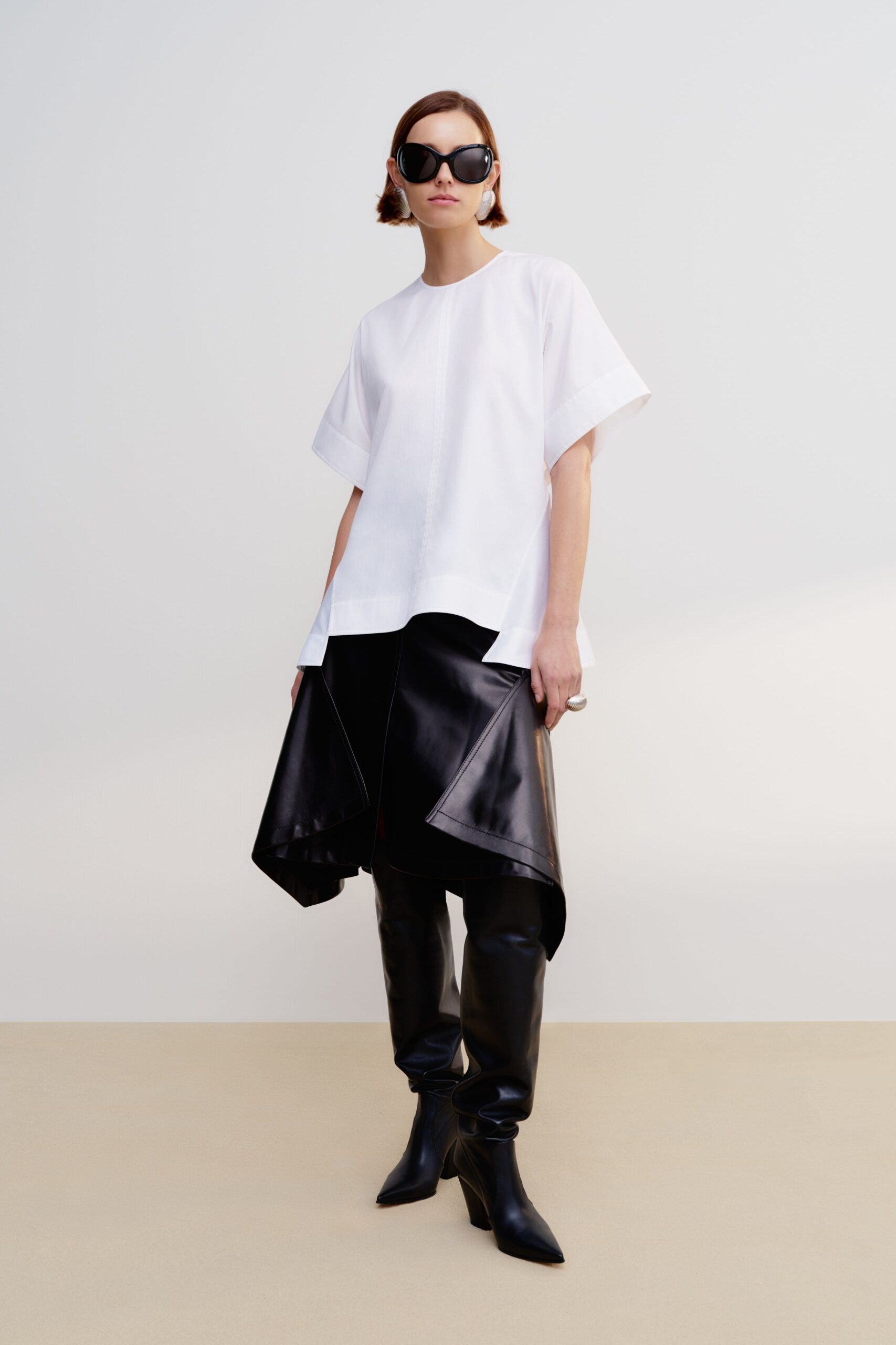 white cotton short-sleeve high-neck oversized longline layered top