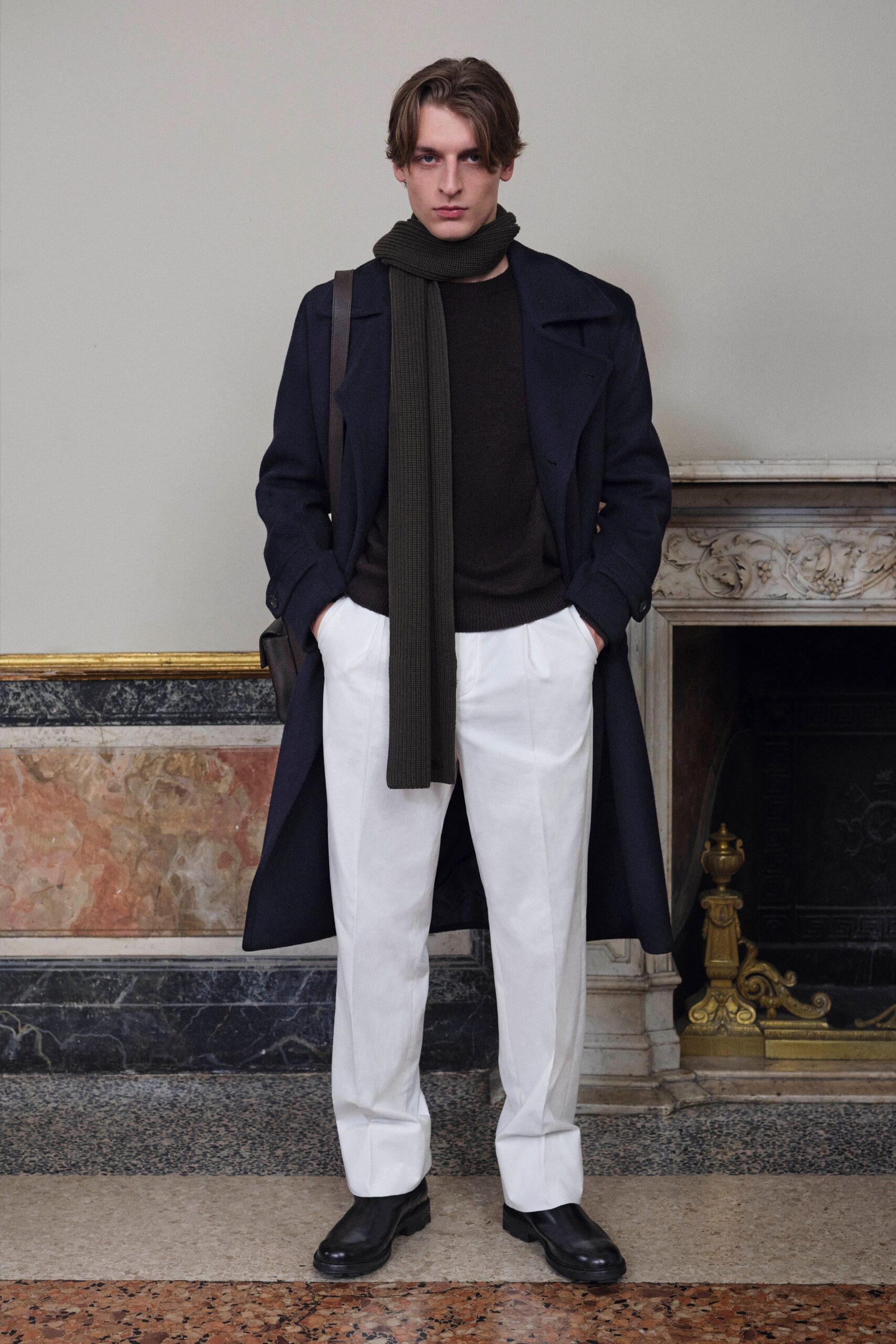 blue wool long-sleeve collared structured buttoned midi coat