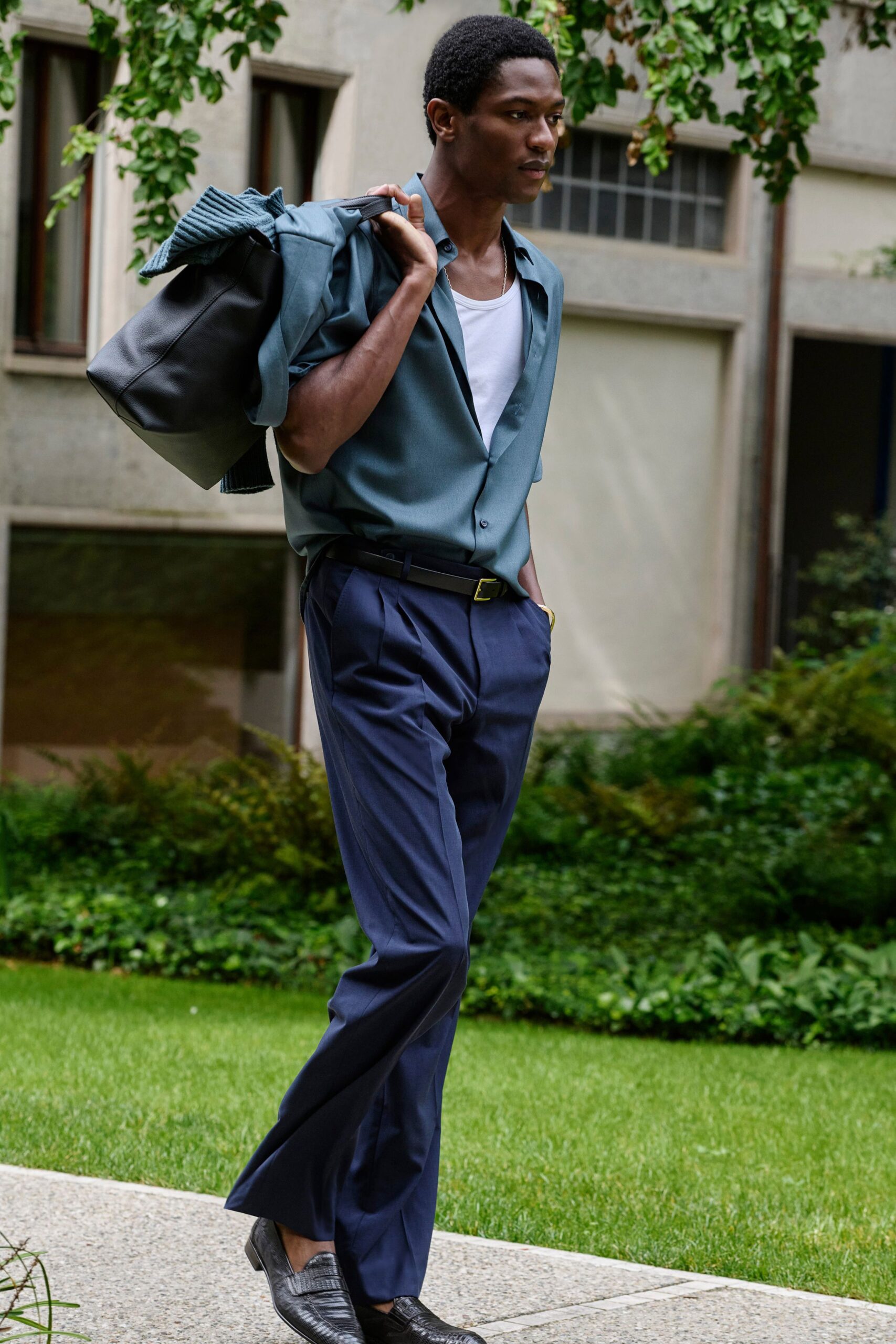 blue cotton shirt with tailored pants