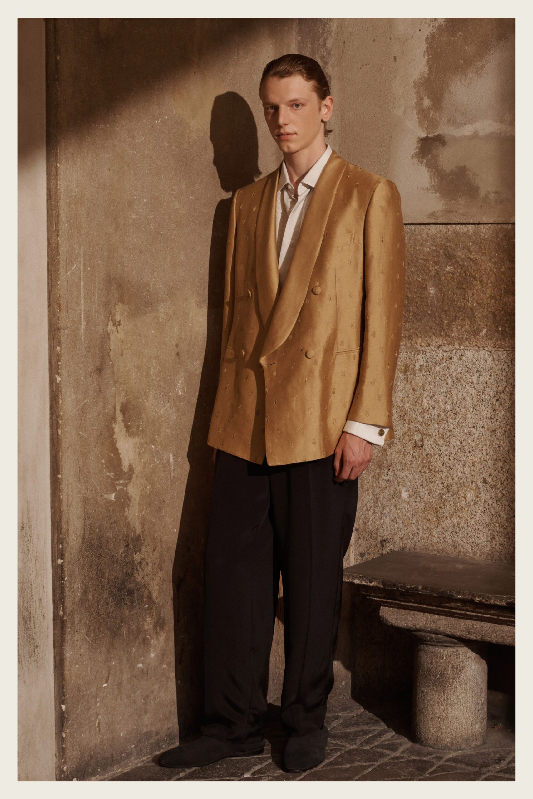 gold silk long-sleeve v-neck structured longline blazer